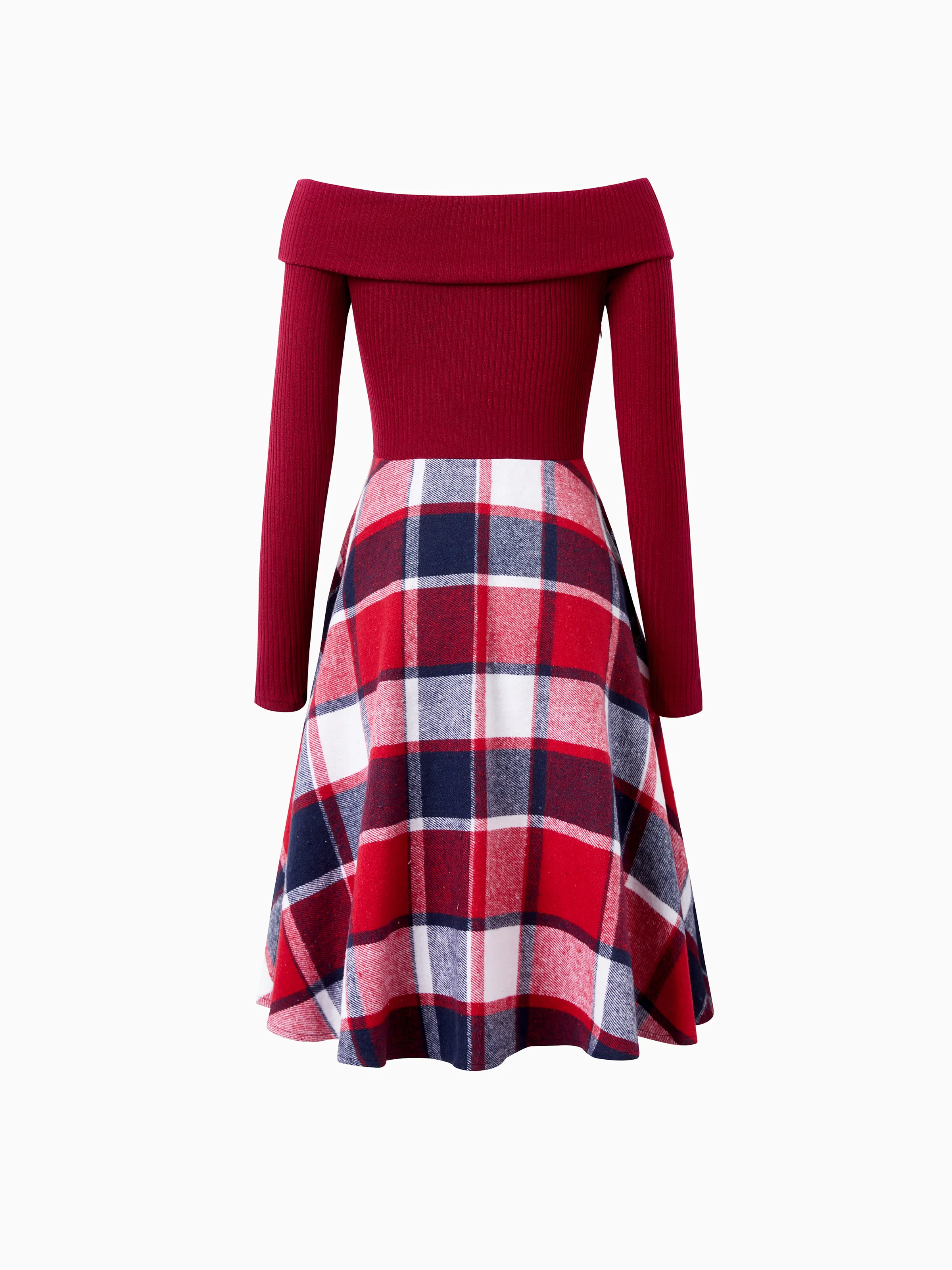 Matching Family Outfit Set Long-sleeve Shirt and Off Shoulder Long-sleeve Plaid Splicing Knitted Dress Burgundy - Image 4