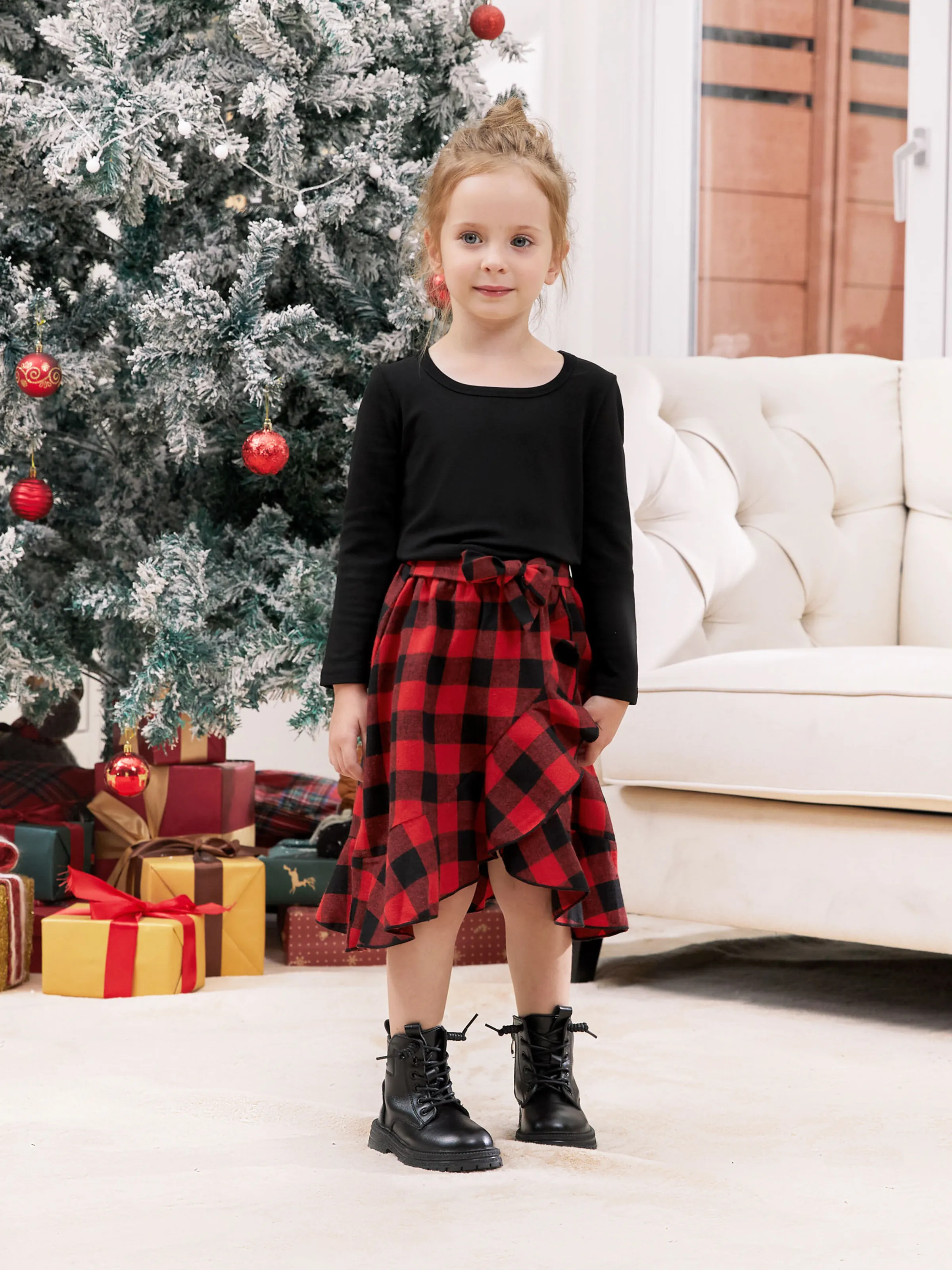 Matching Family Outfits Black and Red Plaid Co-ord Sets Hi-Low Flowy Hemline redblack - Image 7