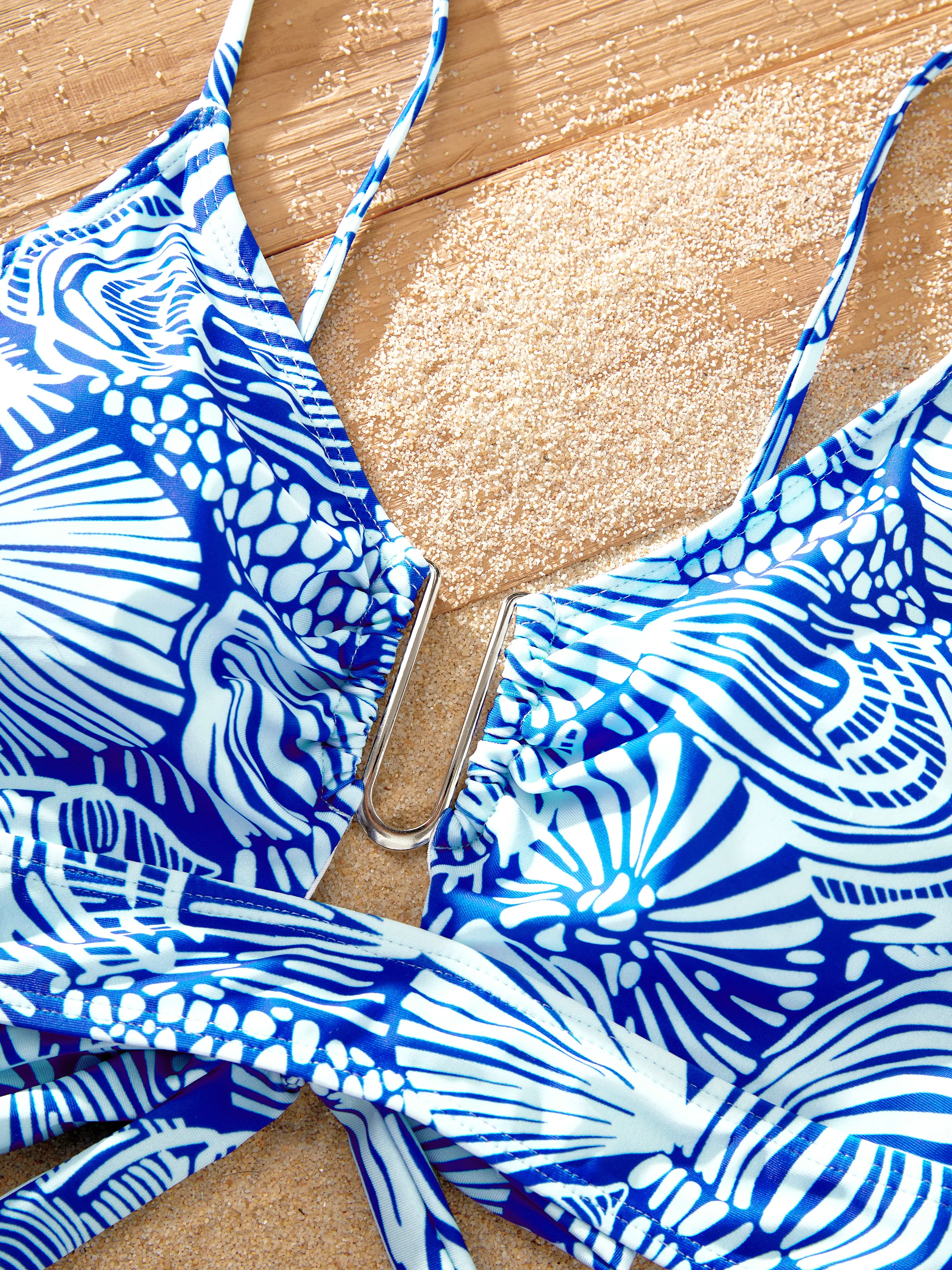 Matching Family Shell Print Swimwear Floral two-piece Bikini & Swim Shorts Set for Mom, Dad, & Kids, Perfect for Beach Days & Pool Parties Blue - Image 7