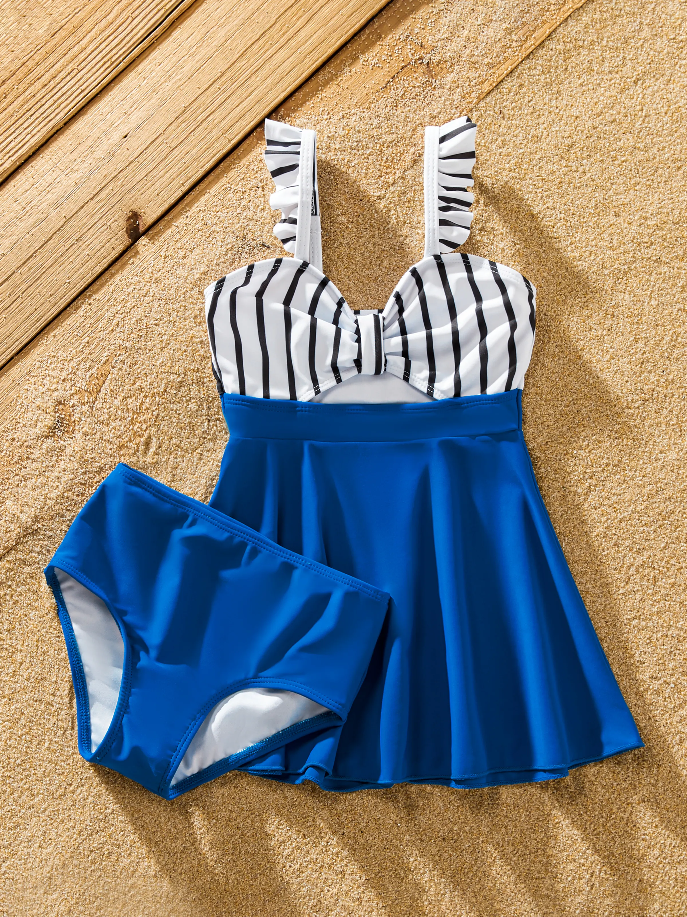 Matching Family Swimsuit Colorblock Drawstring Swim Trunks or Striped Blue Spliced Tankini with Cross-Front, Tie-Back, and Thin Straps Color block - Image 8