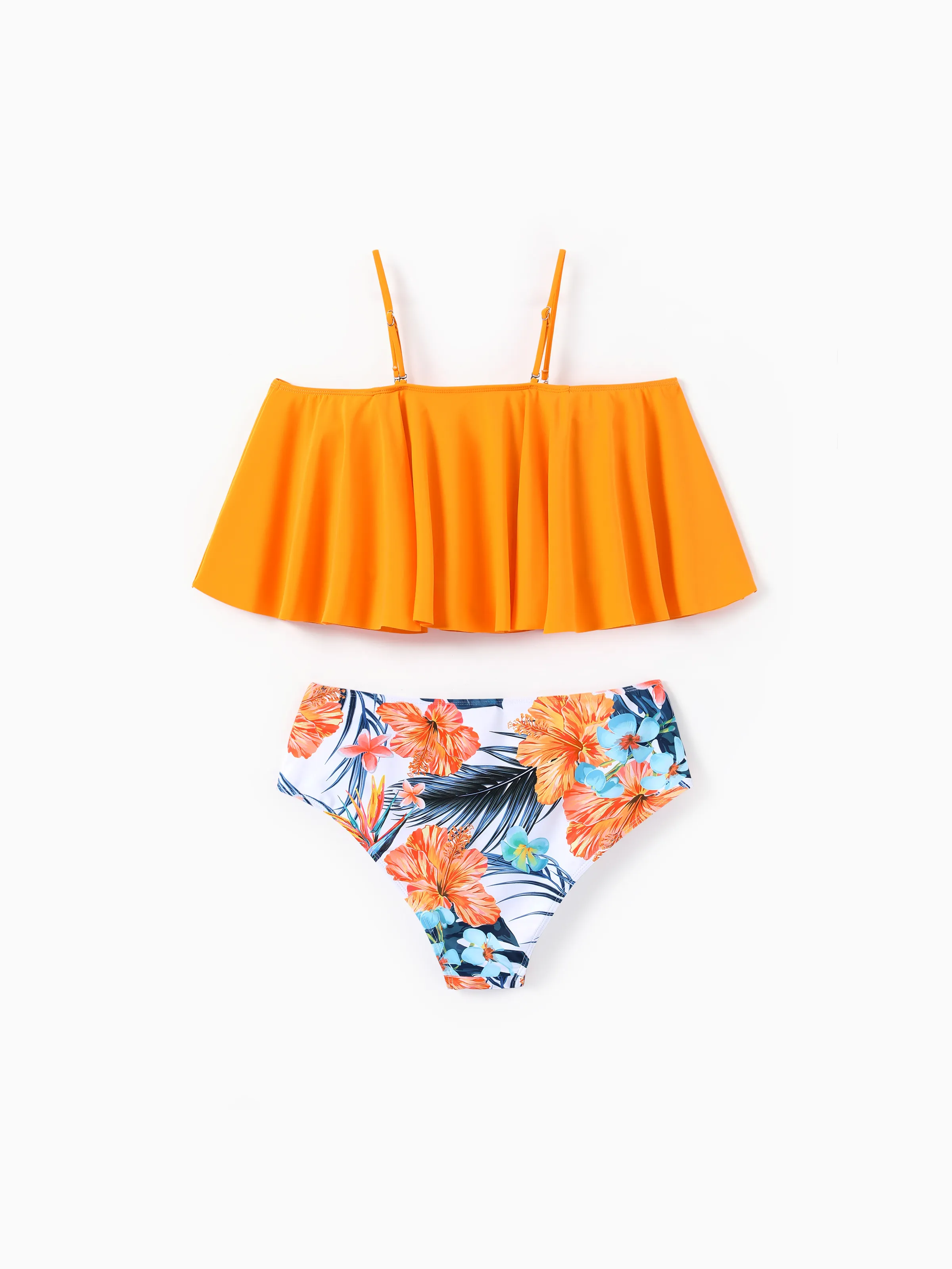 Matching Family Swimwear Tropical Floral Bikini Set with Ruffle Top for Mom & Daughter, Board Shorts for Dad & Son, Bright Summer Beach Outfits Orange - Image 3