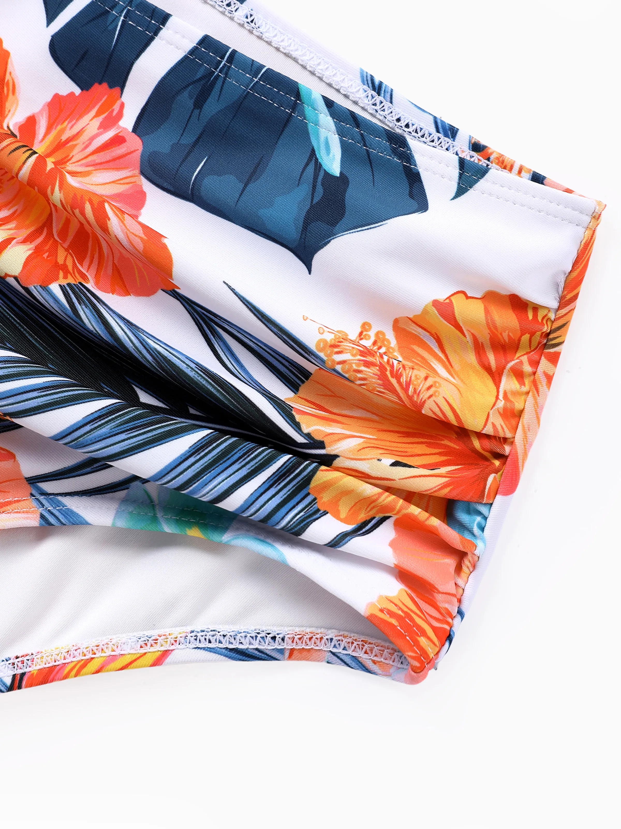 Matching Family Swimwear Tropical Floral Bikini Set with Ruffle Top for Mom & Daughter, Board Shorts for Dad & Son, Bright Summer Beach Outfits Orange - Image 6