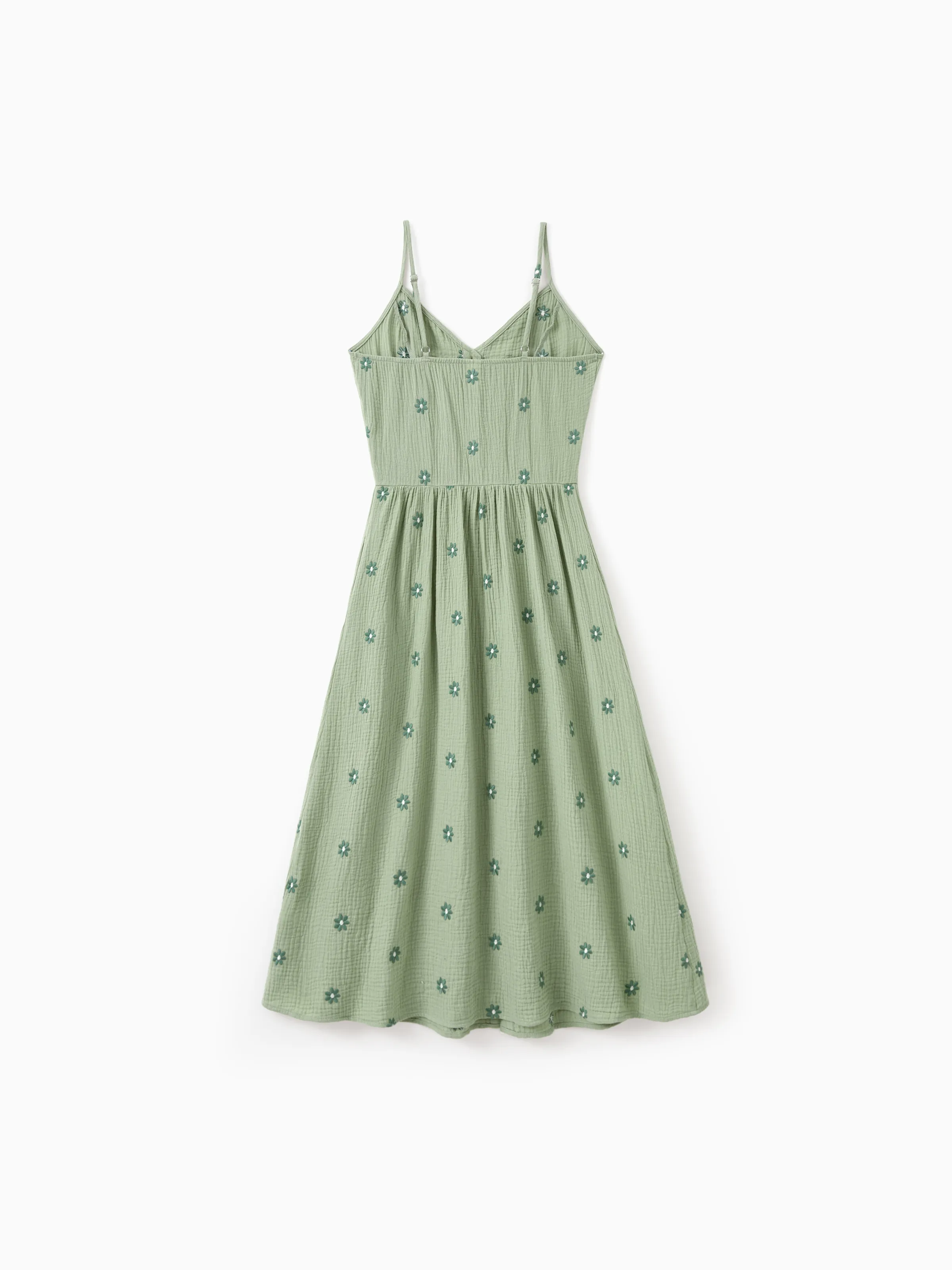 Matching Floral Cotton Dresses for Mom & Me Button-Down Smocked Floral Strap Dress for Mom, Baby Girl Ruffle Dress with Bow, Perfect for Summer Family Outings & Photos Pale Green - Image 3