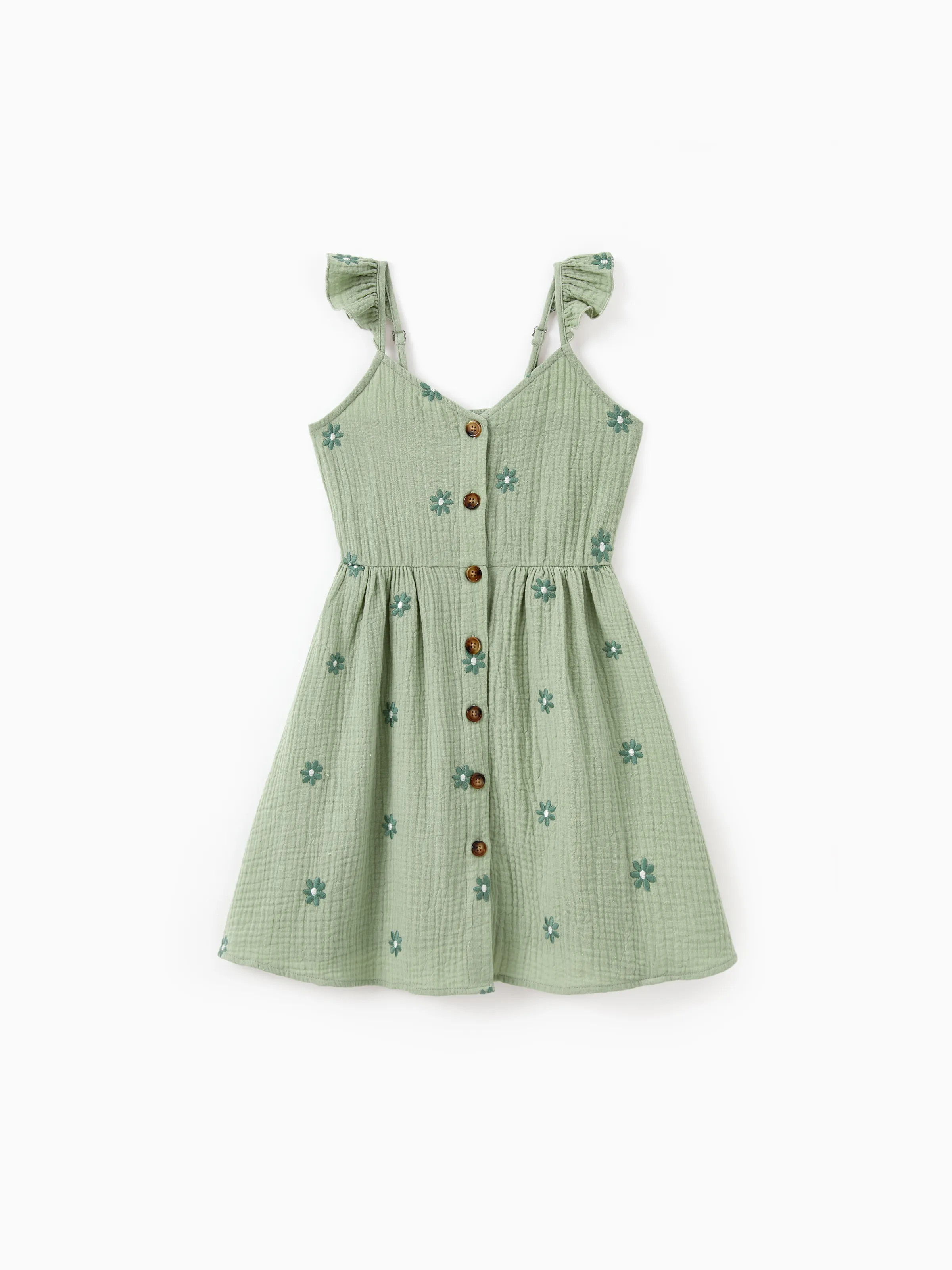 Matching Floral Cotton Dresses for Mom & Me Button-Down Smocked Floral Strap Dress for Mom, Baby Girl Ruffle Dress with Bow, Perfect for Summer Family Outings & Photos Pale Green - Image 7