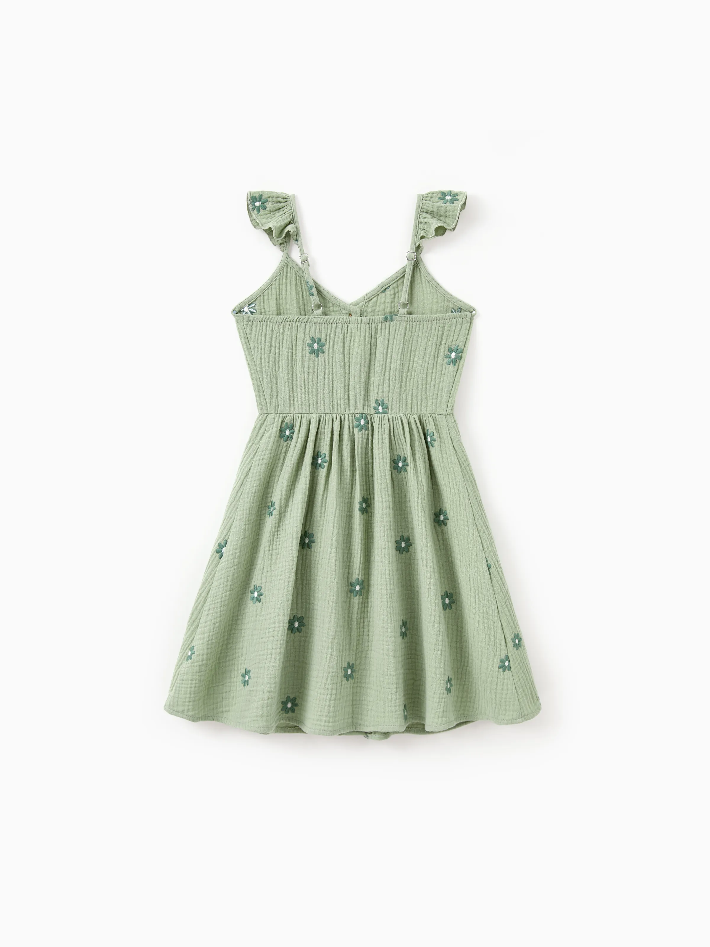 Matching Floral Cotton Dresses for Mom & Me Button-Down Smocked Floral Strap Dress for Mom, Baby Girl Ruffle Dress with Bow, Perfect for Summer Family Outings & Photos Pale Green - Image 8