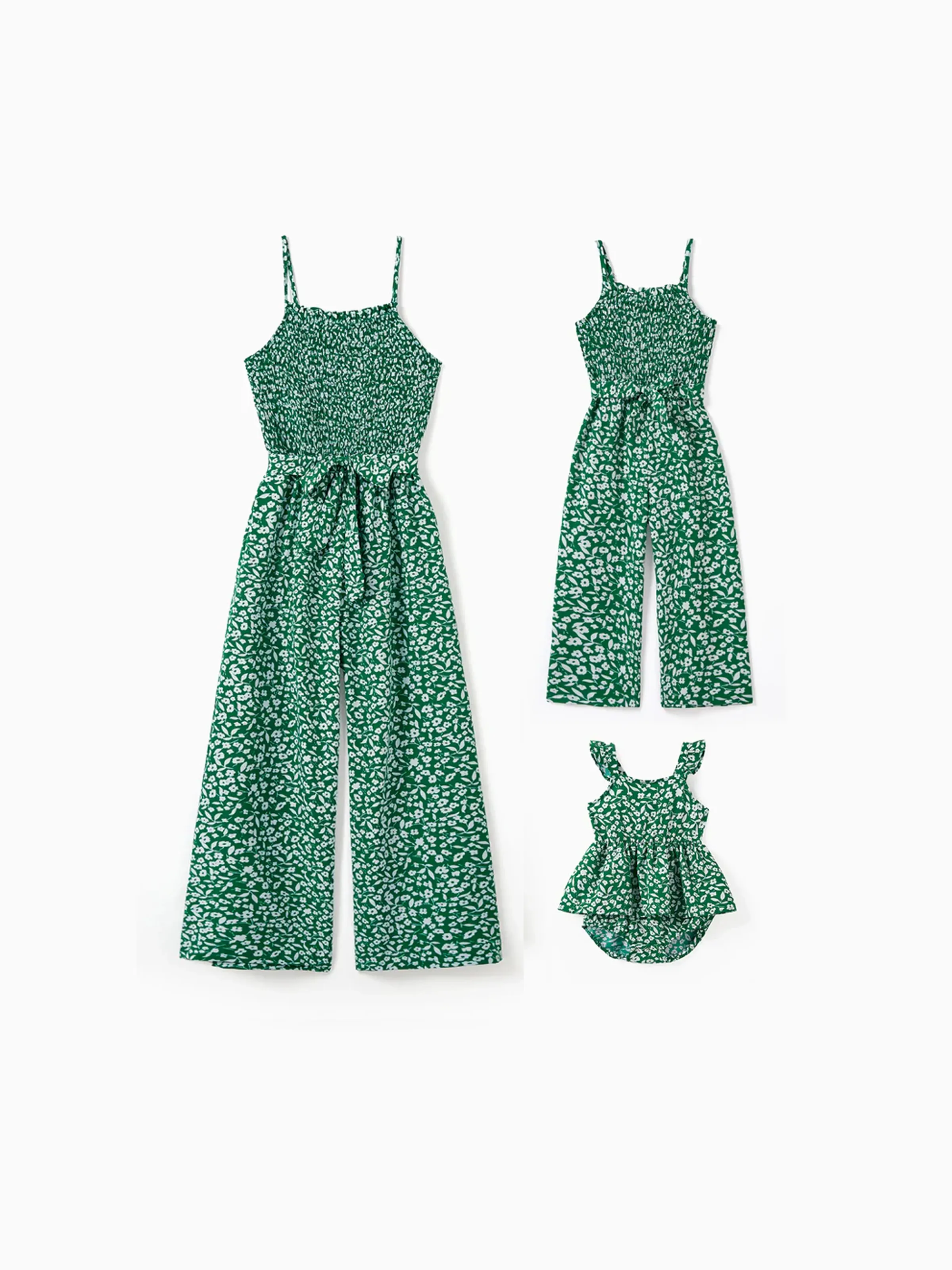 Toddler/Kid Girl Floral Print Green Smocked Strap Jumpsuits Green - Image 2