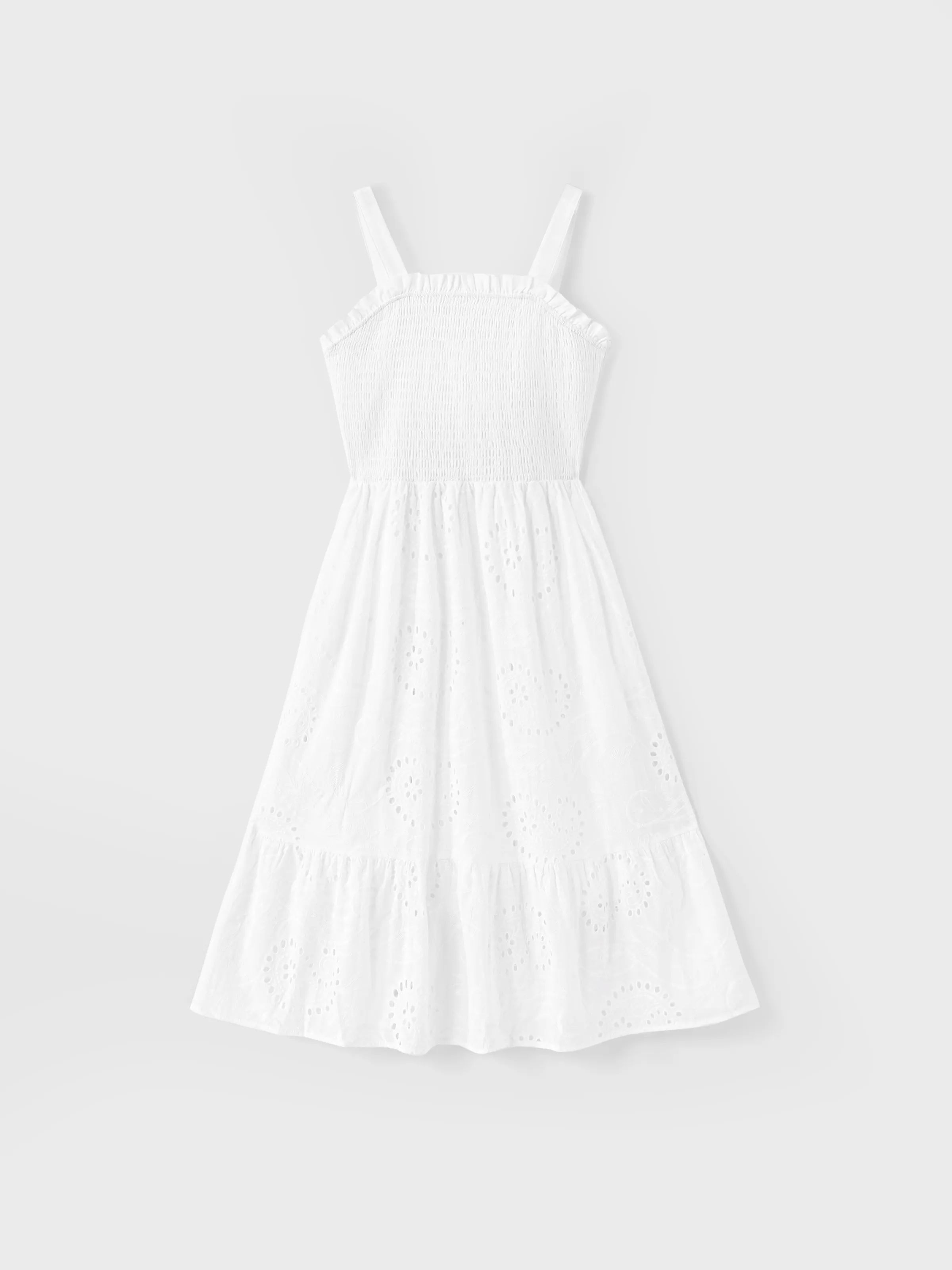 Matching Mom & Me Cotton Dress Eyelet Smocked Dresses with Ruffled Straps, Perfect for Summer Outings & Family Photos White - Image 3
