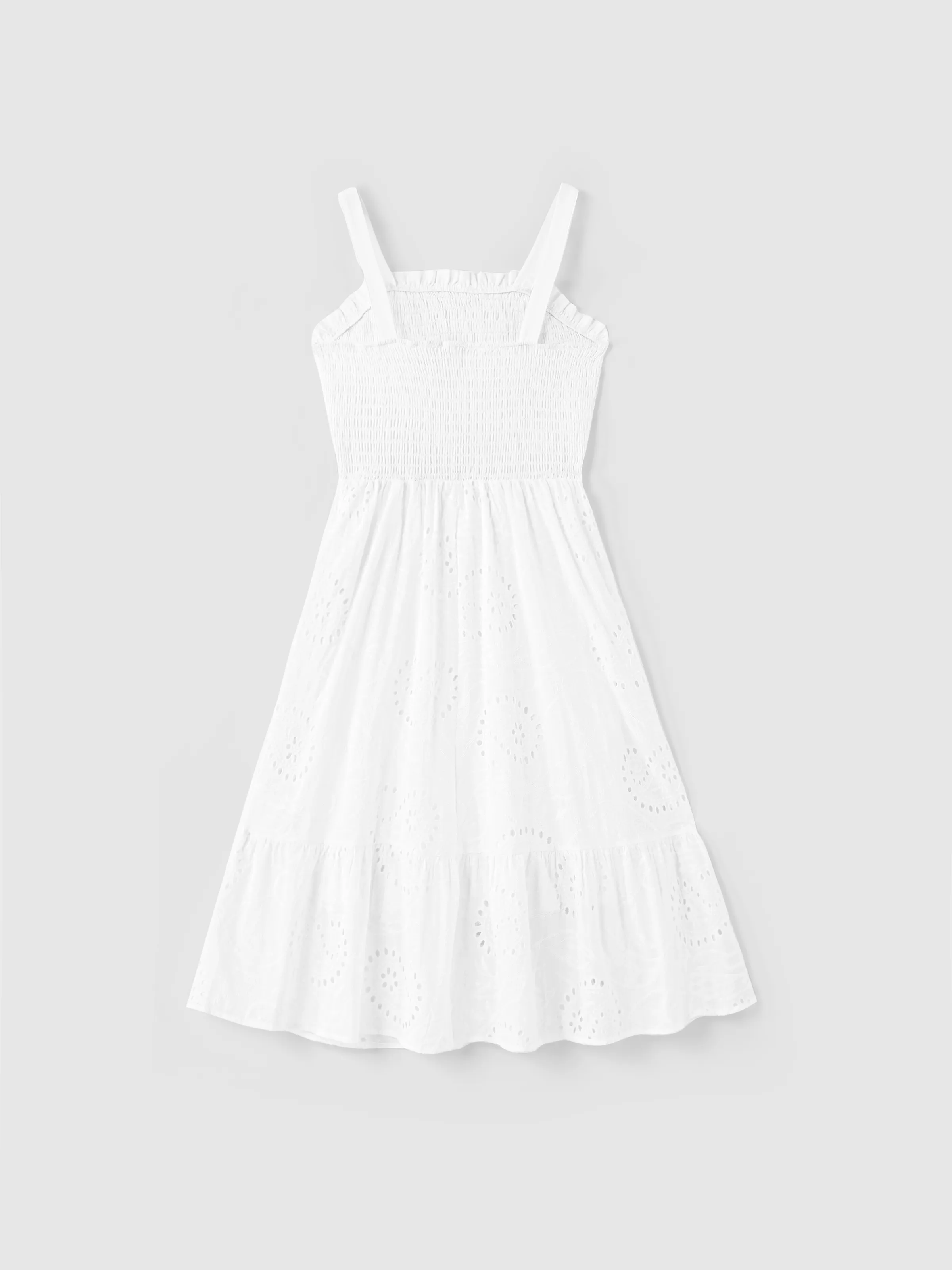 Matching Mom & Me Cotton Dress Eyelet Smocked Dresses with Ruffled Straps, Perfect for Summer Outings & Family Photos White - Image 4