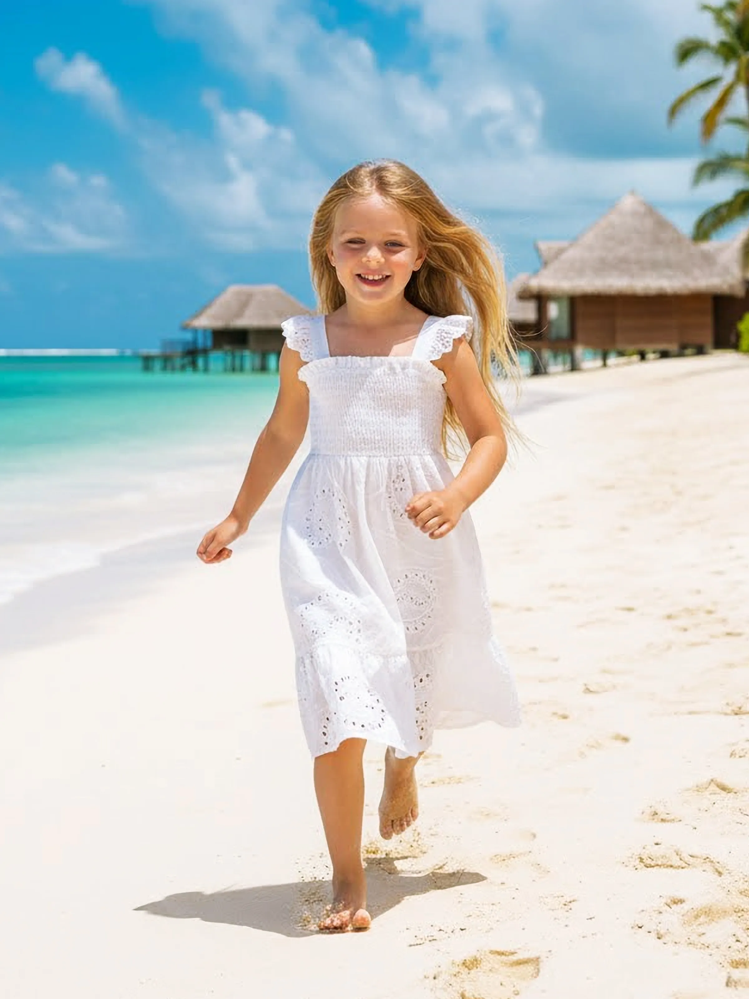 Matching Mom & Me Cotton Dress Eyelet Smocked Dresses with Ruffled Straps, Perfect for Summer Outings & Family Photos White - Image 7