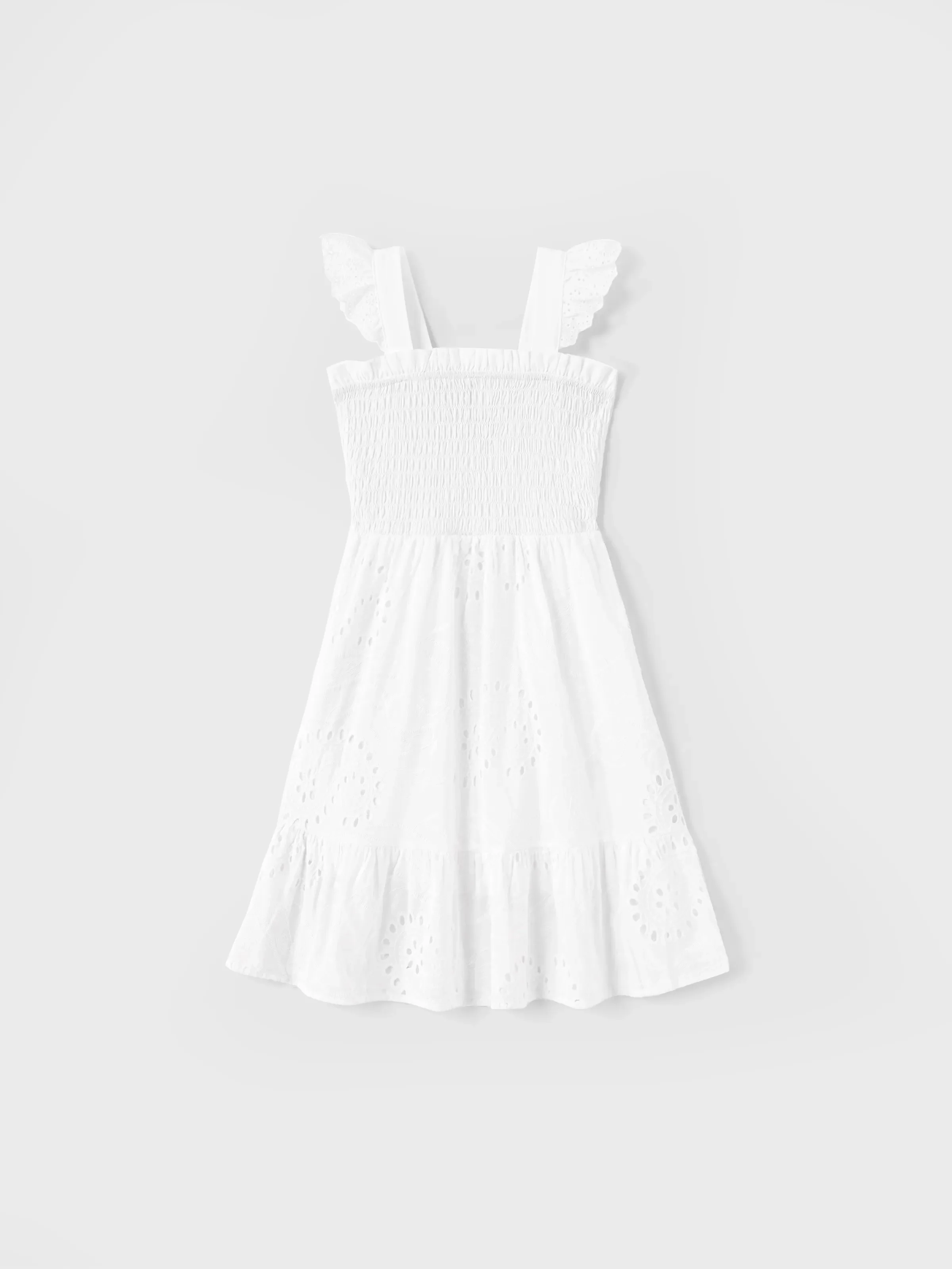 Matching Mom & Me Cotton Dress Eyelet Smocked Dresses with Ruffled Straps, Perfect for Summer Outings & Family Photos White - Image 8