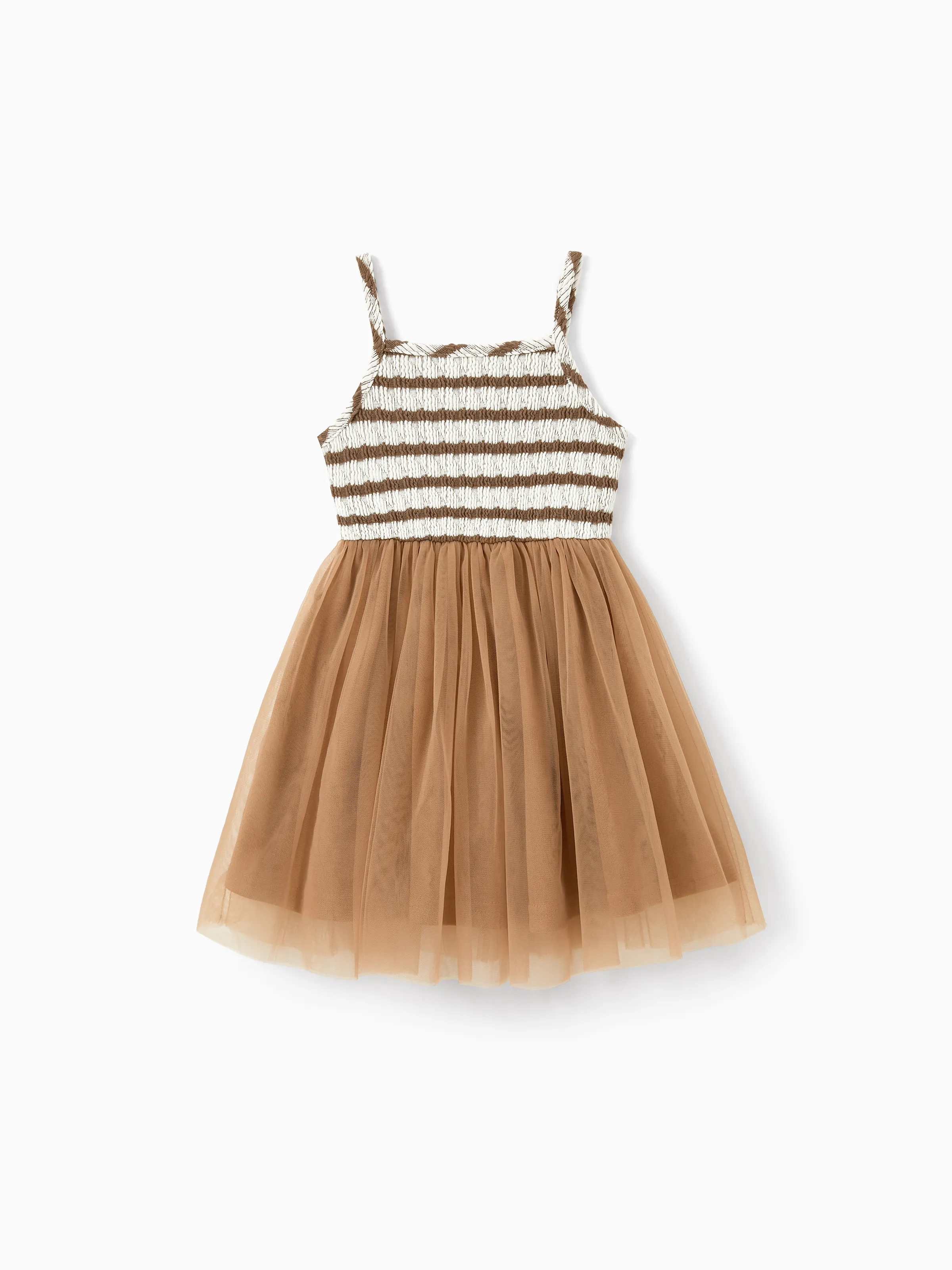Matching Striped Dresses for Mommy & Me  Twist-Front Dress with Tulle Skirt, Perfect for Summer Family Outings & Photos Khaki - Image 12