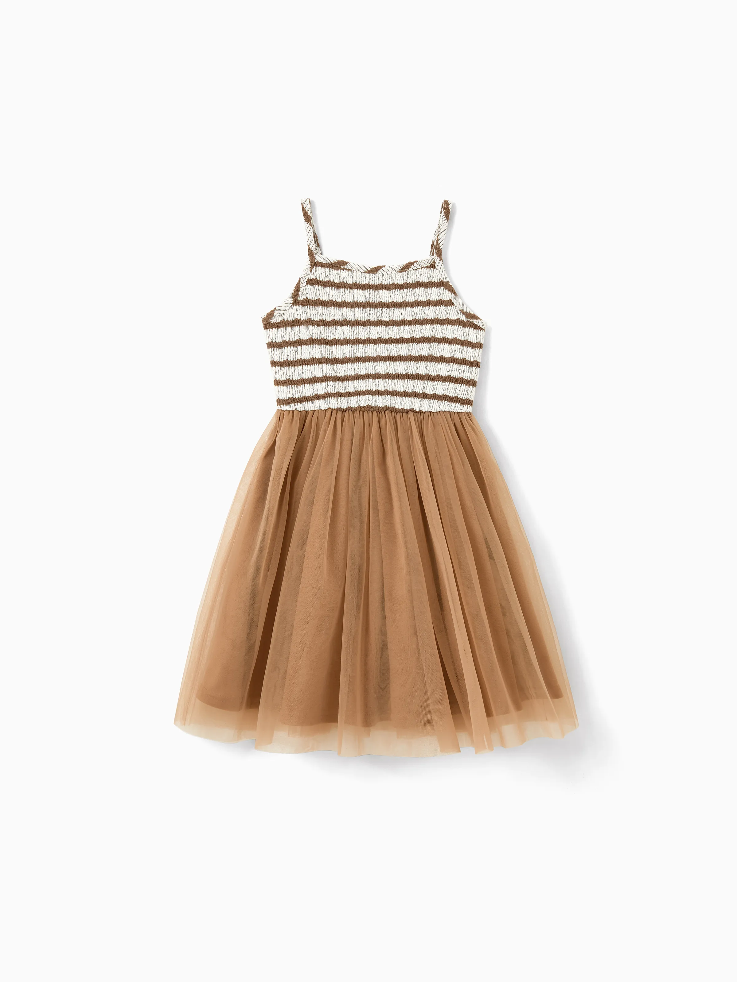 Toddler/Kid Girl Striped Twist-Front Dress with Tulle Skirt, Perfect for Summer Family Outings & Photos Khaki - Image 3