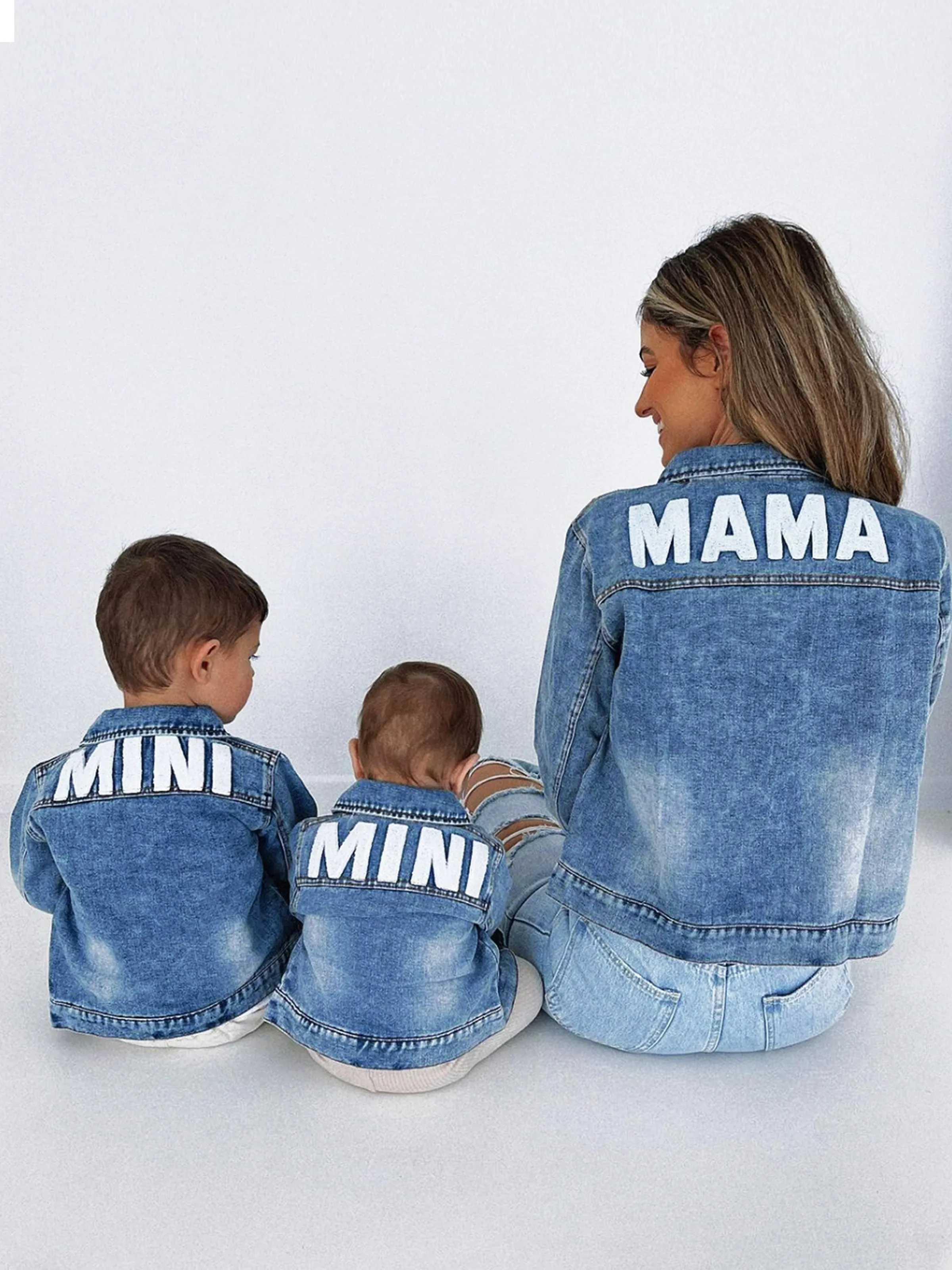Mom and Me Light Blue Letter Design Long-sleeve Distressed Denim Jackets Light Blue - Image 4