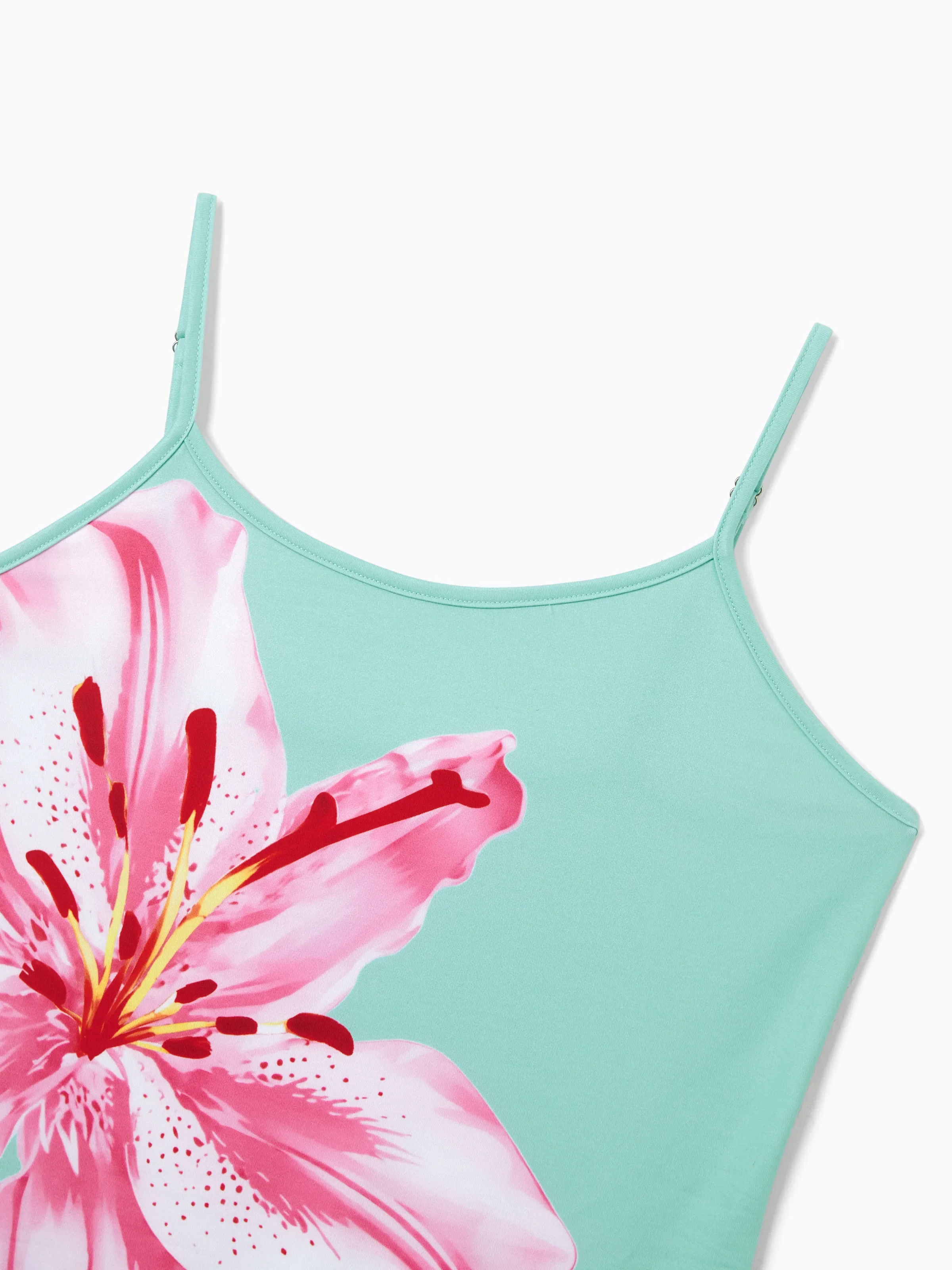 Mommy and Me Casual Flower Print Sleeveless Strappy Dresses  Light Green - Image 4