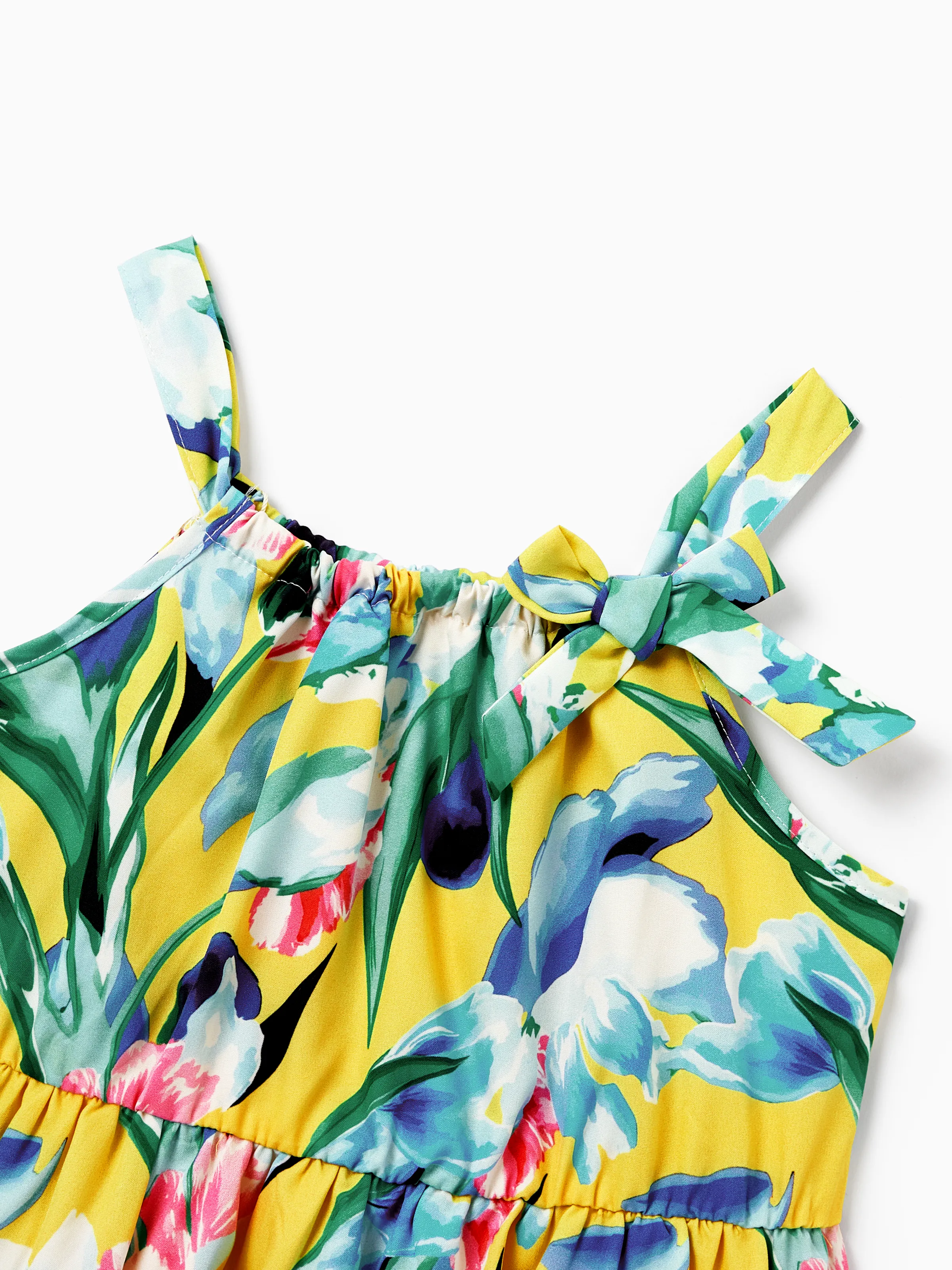 Mommy and Me Casual Outfits Floral Print Camisole Top and Wide-leg Pants Set for Mom Strappy Dress for girl, Bodysuit for Baby Girl Yellow - Image 14