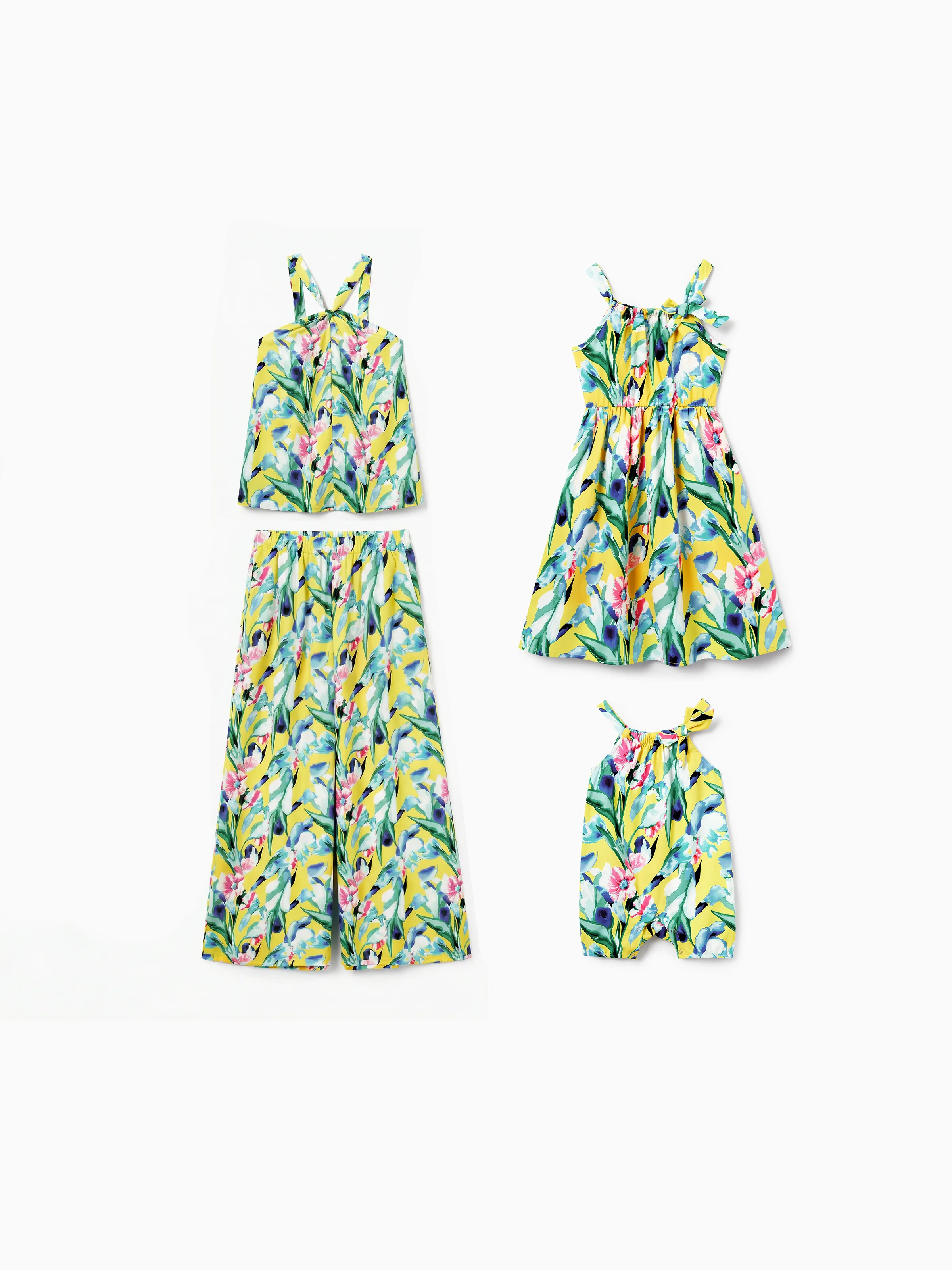 Mommy and Me Casual Outfits Floral Print Camisole Top and Wide-leg Pants Set for Mom Strappy Dress for girl, Bodysuit for Baby Girl Yellow - Image 2