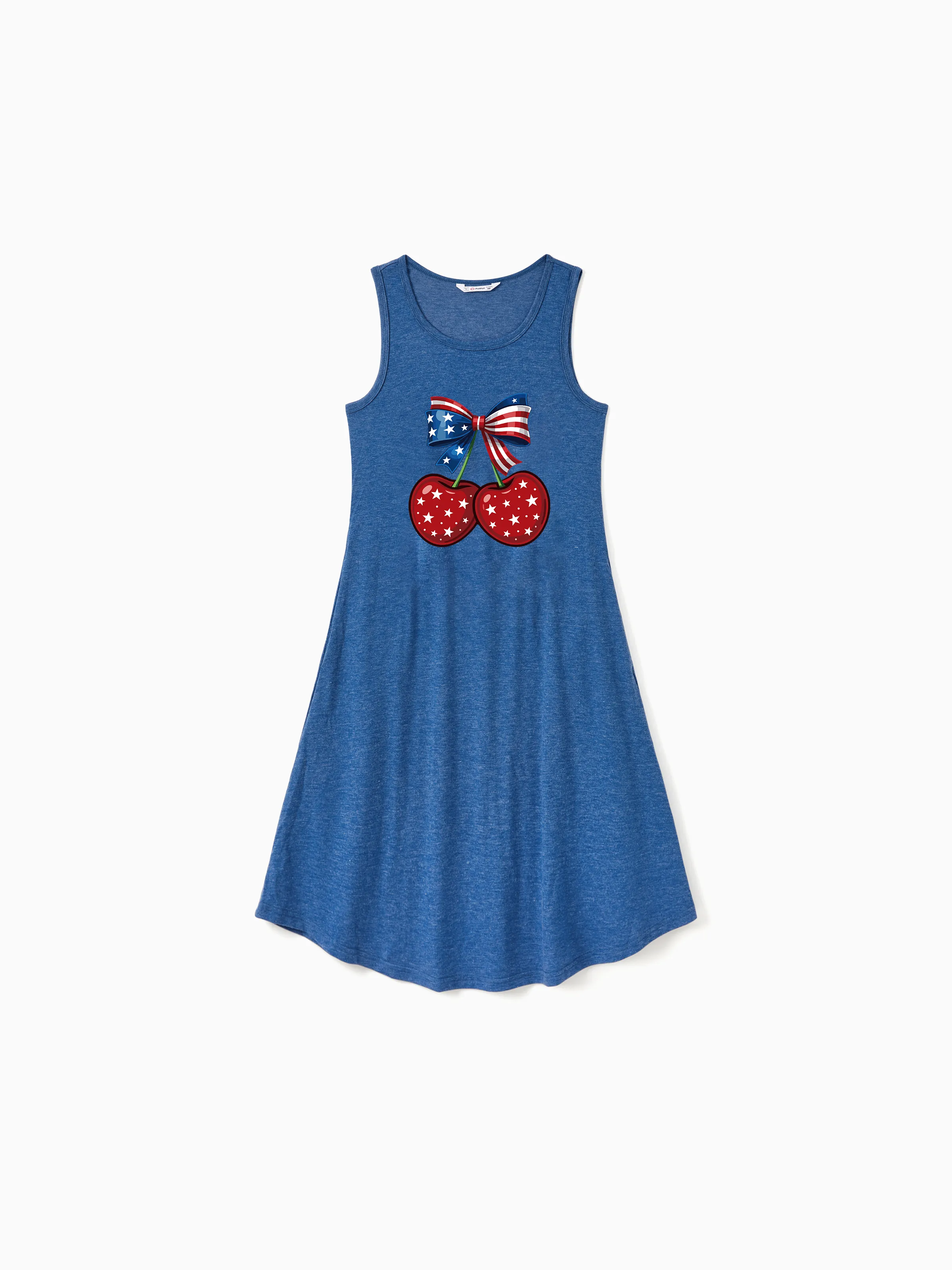 Independence Day Mommy and Me Patriotic Cherry Print Casual Sleeveless Dress Blue - Image 5