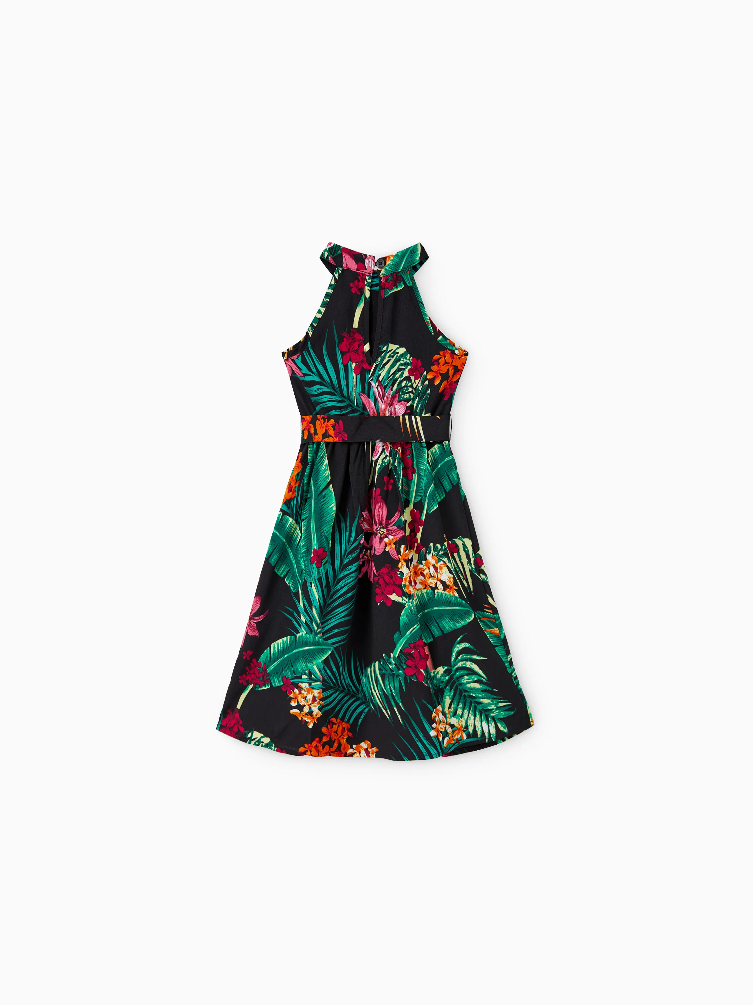 Mommy and Me Family Matching Allover Plant Floral Print Halterneck Dresses and Short-sleeve Shirts Sets Black - Image 10