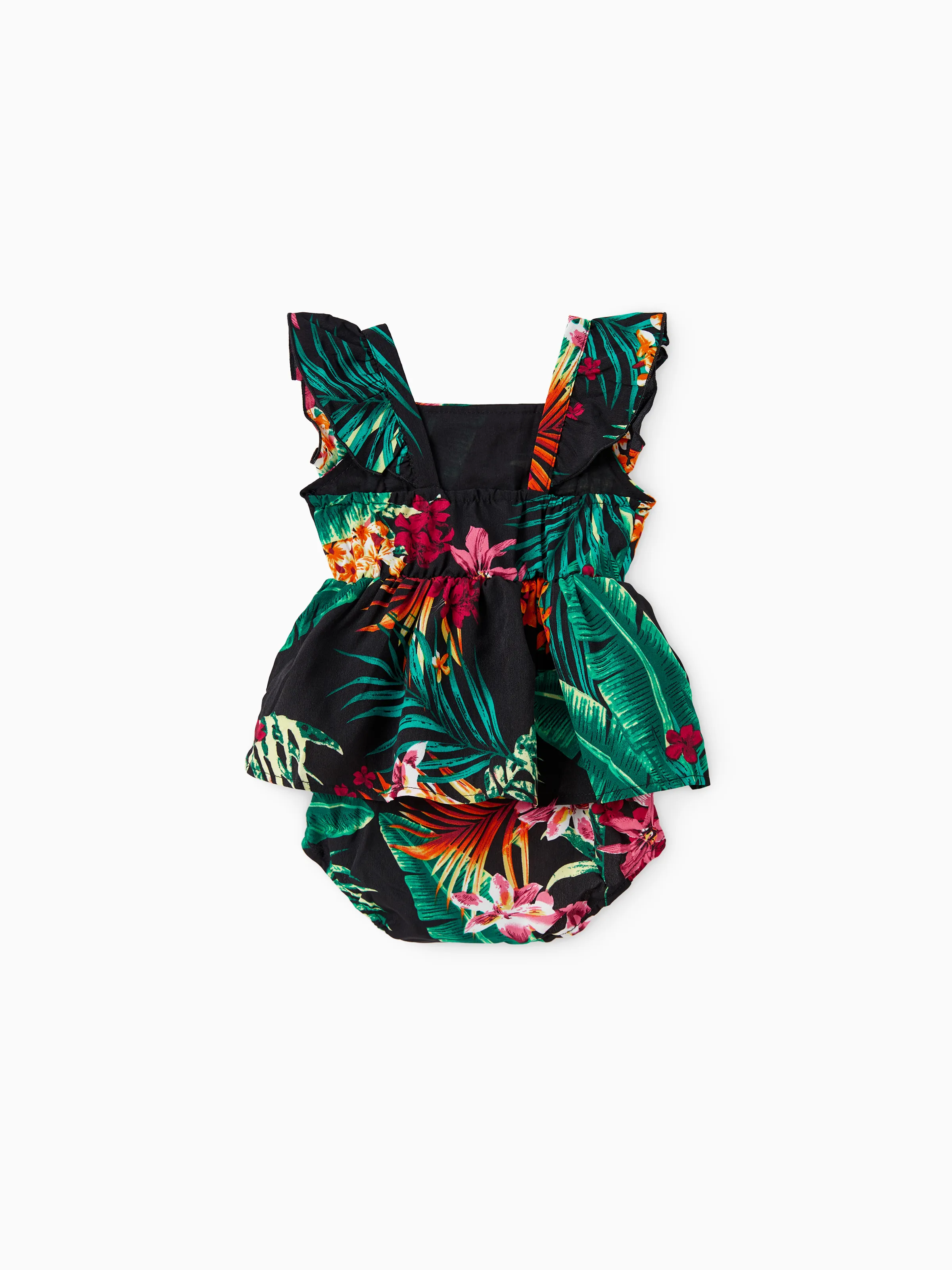 Mommy and Me Family Matching Allover Plant Floral Print Halterneck Dresses and Short-sleeve Shirts Sets Black - Image 15