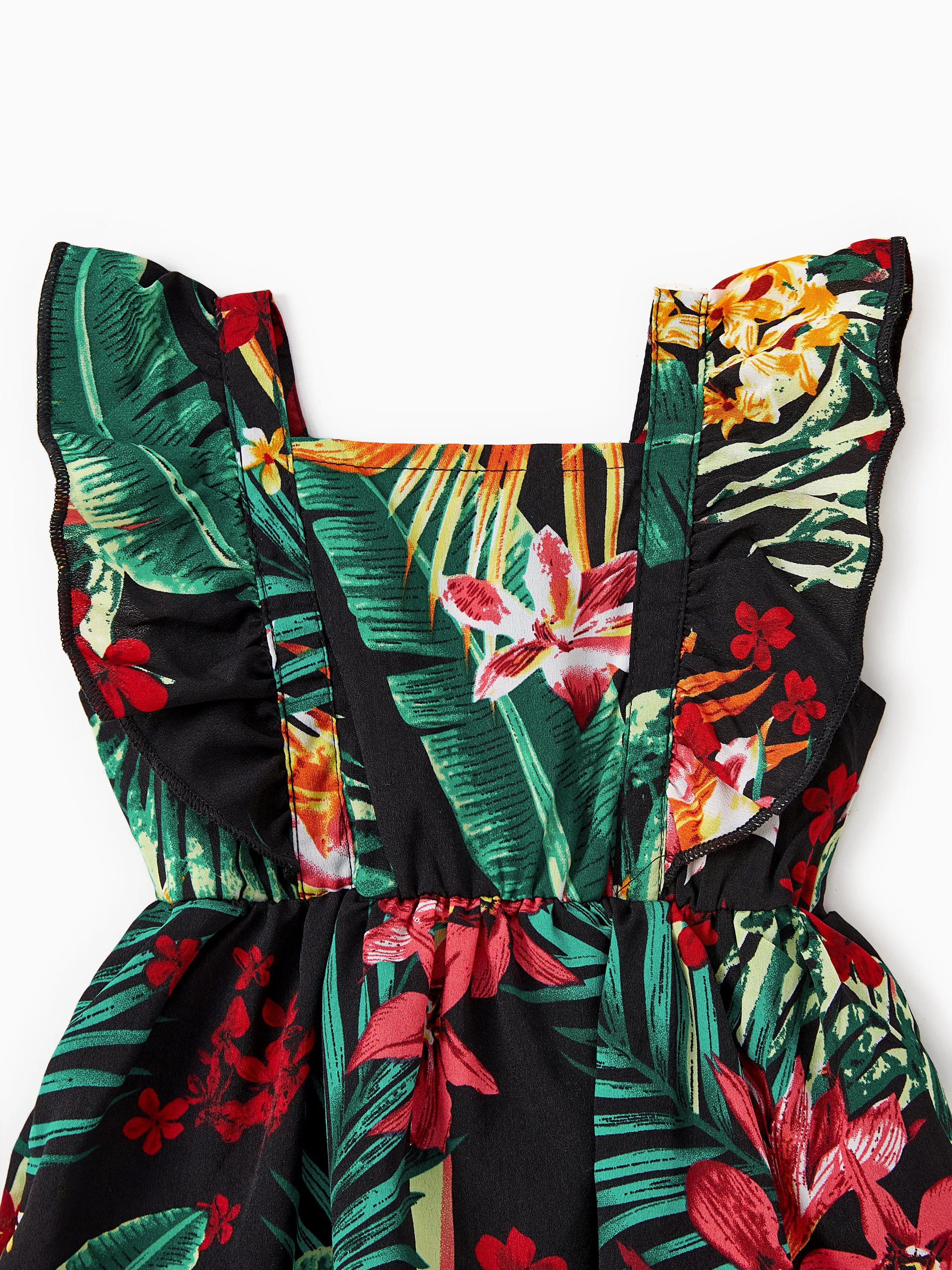 Mommy and Me Family Matching Allover Plant Floral Print Halterneck Dresses and Short-sleeve Shirts Sets Black - Image 16