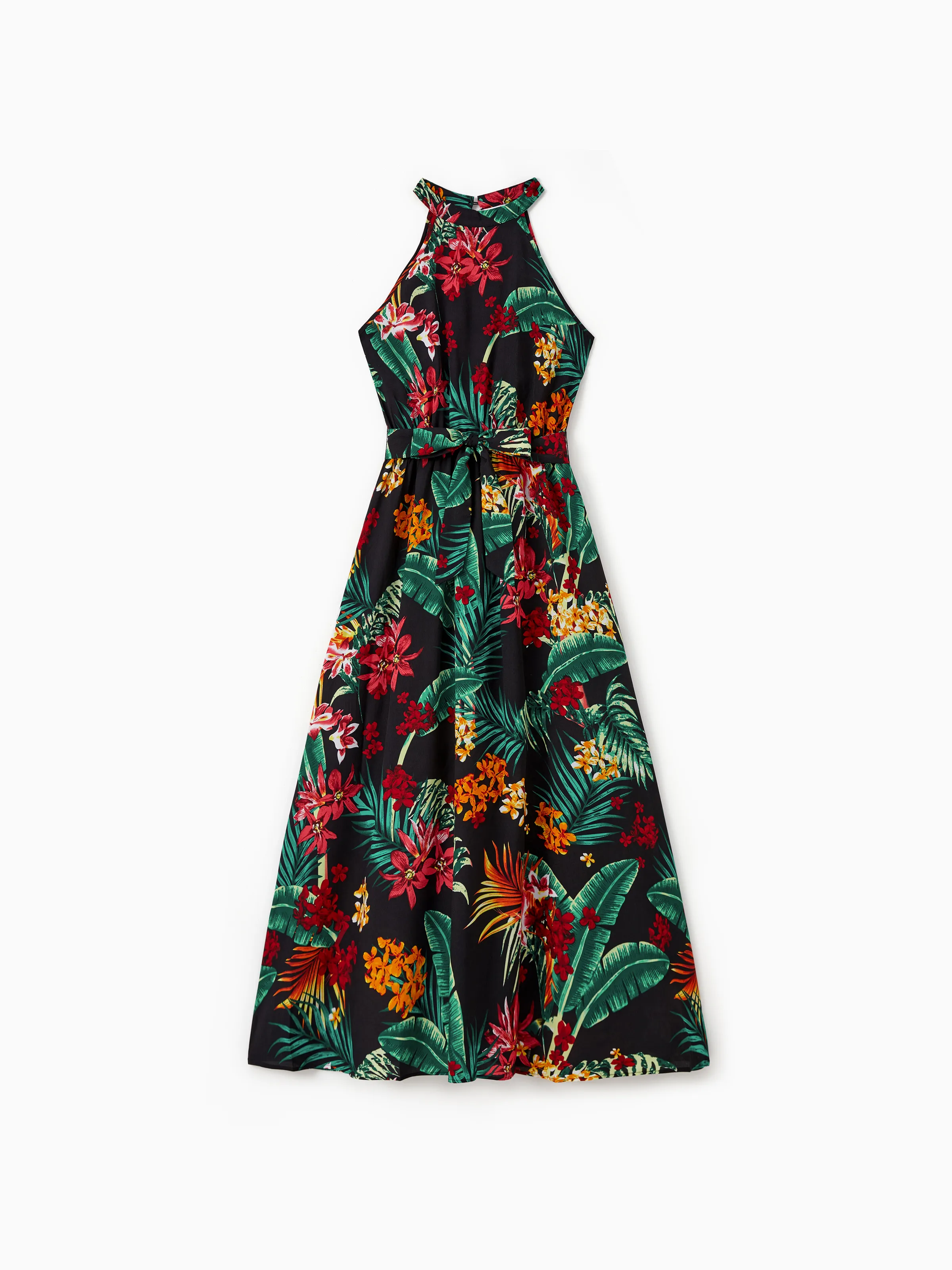 Mommy and Me Family Matching Allover Plant Floral Print Halterneck Dresses and Short-sleeve Shirts Sets Black - Image 4