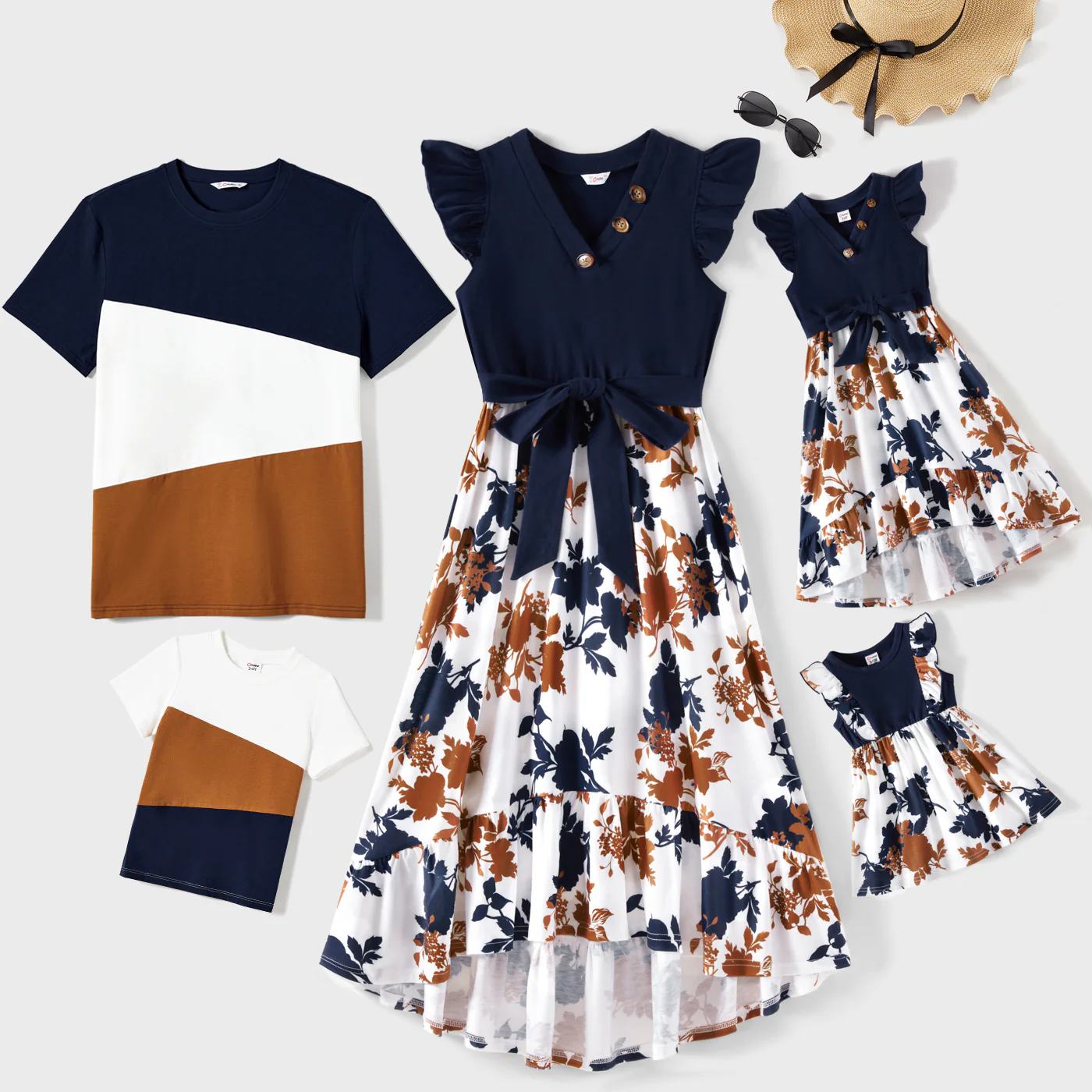 Mommy and Me Family Matching Casual Dress or T-Shirt, Solid Color, Fabric Stitching royalblue - Image 2
