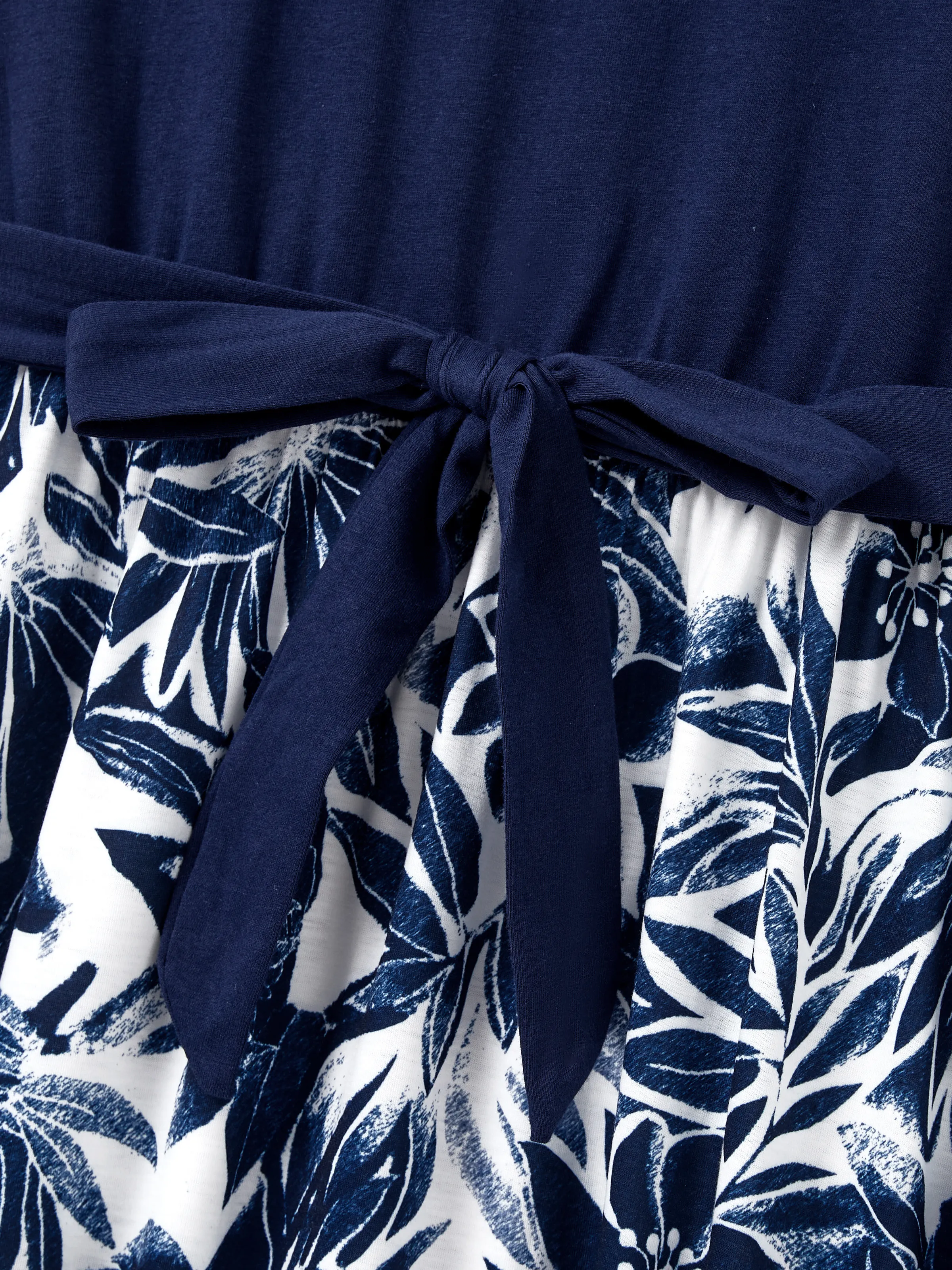 Mommy and Me Family Matching Cotton Tee Flora Print Splicing Shirt or Tank Dress Deep Blue - Image 6