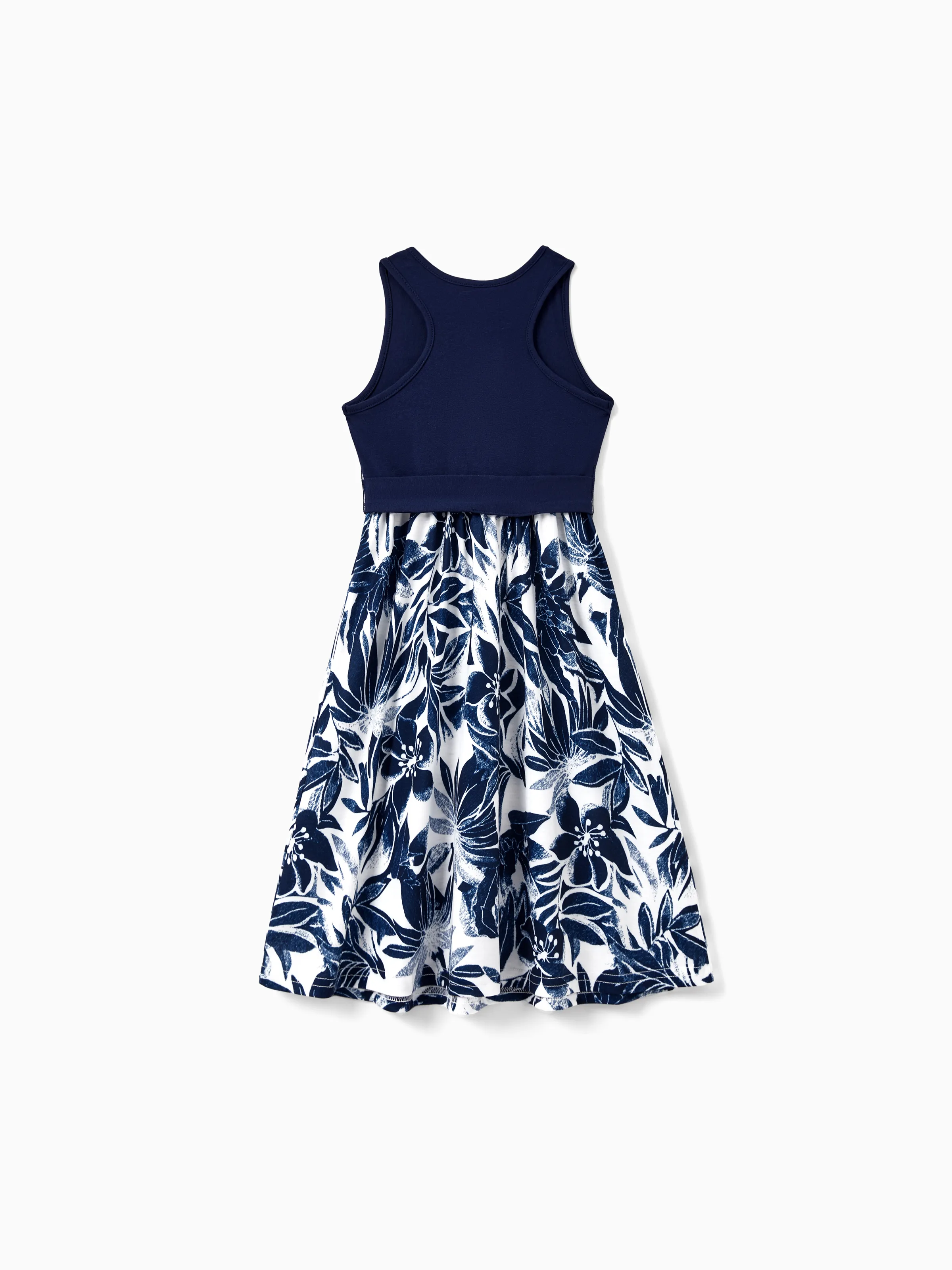 Mommy and Me Family Matching Cotton Tee Flora Print Splicing Shirt or Tank Dress Deep Blue - Image 9