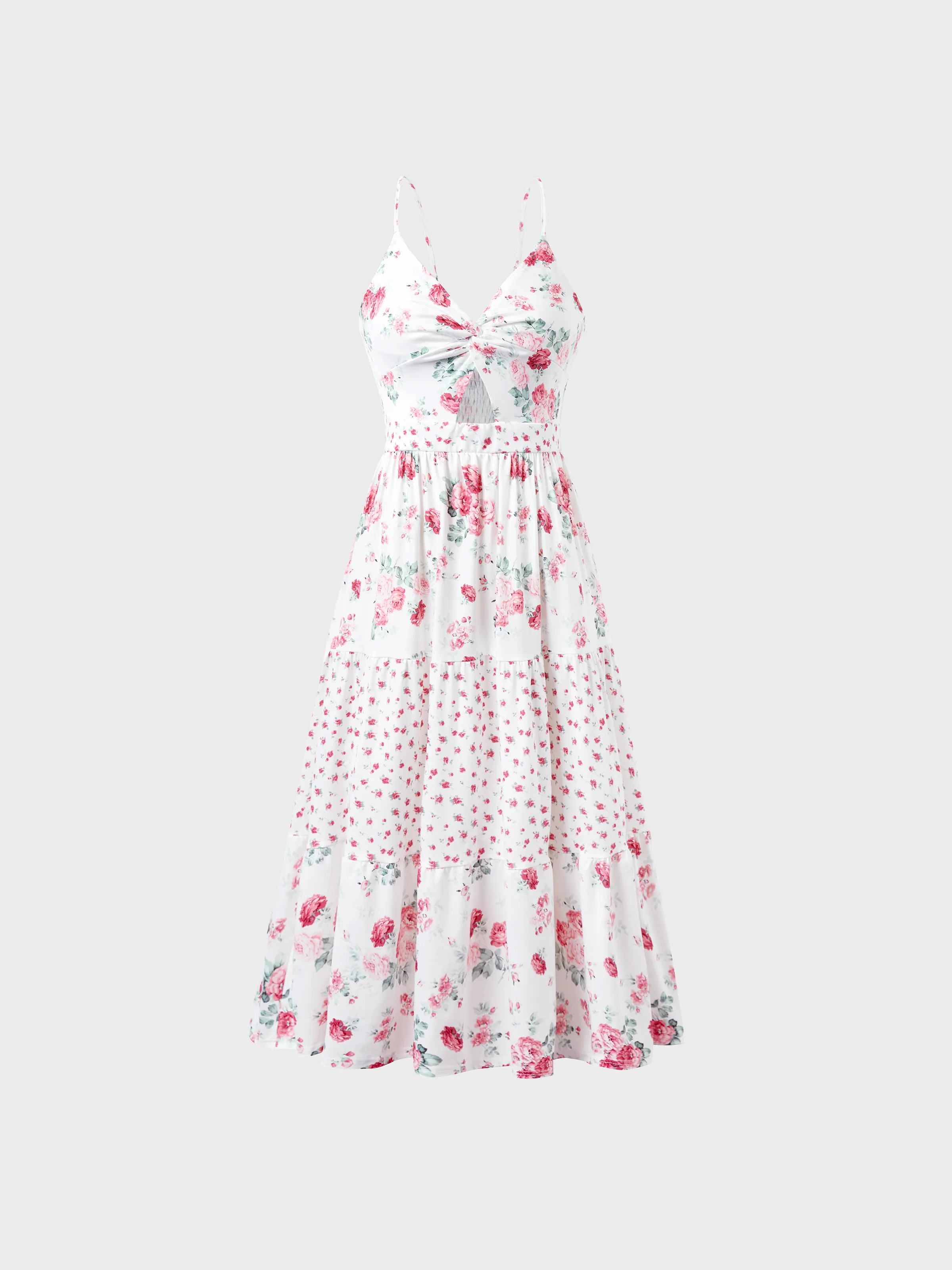 Mommy and Me Family Matching Outfits Set Solid Color Short-sleeve Polo Collar Shirt or Flower Print Hollow out Dress  Pink - Image 3