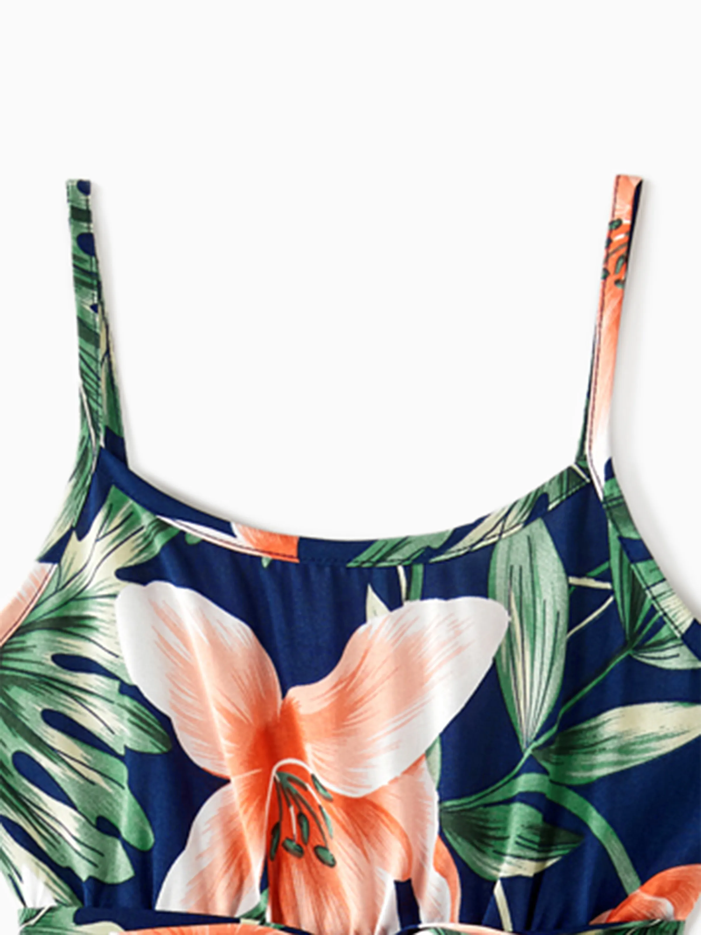 Mommy and Me Family Matching Sets Floral Panel Short-sleeve T-shirts or All Over Floral Print V Neck Spaghetti Strap Midi Dresses with Hidden Snap royalblue - Image 11