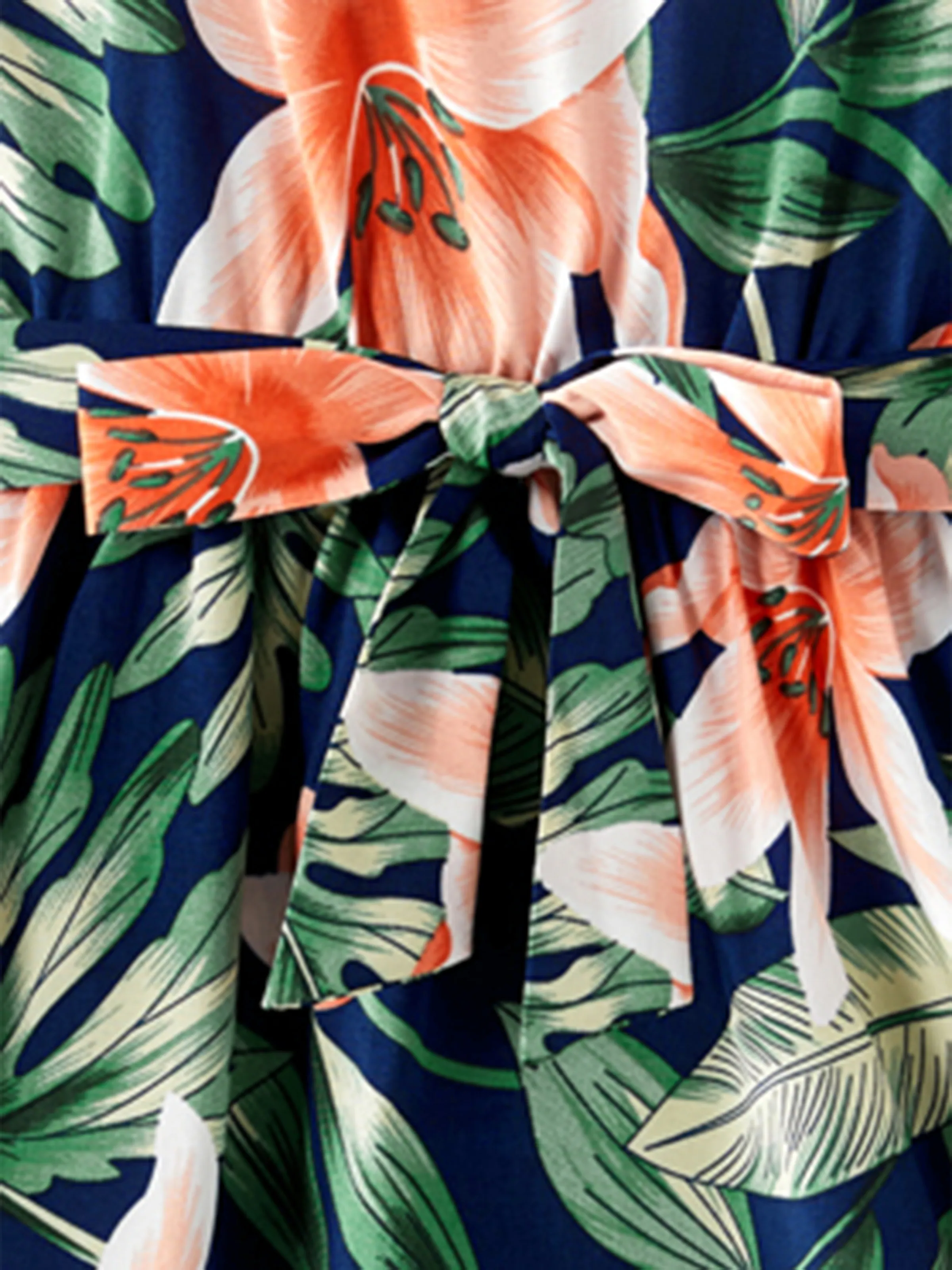 Mommy and Me Family Matching Sets Floral Panel Short-sleeve T-shirts or All Over Floral Print V Neck Spaghetti Strap Midi Dresses with Hidden Snap royalblue - Image 12