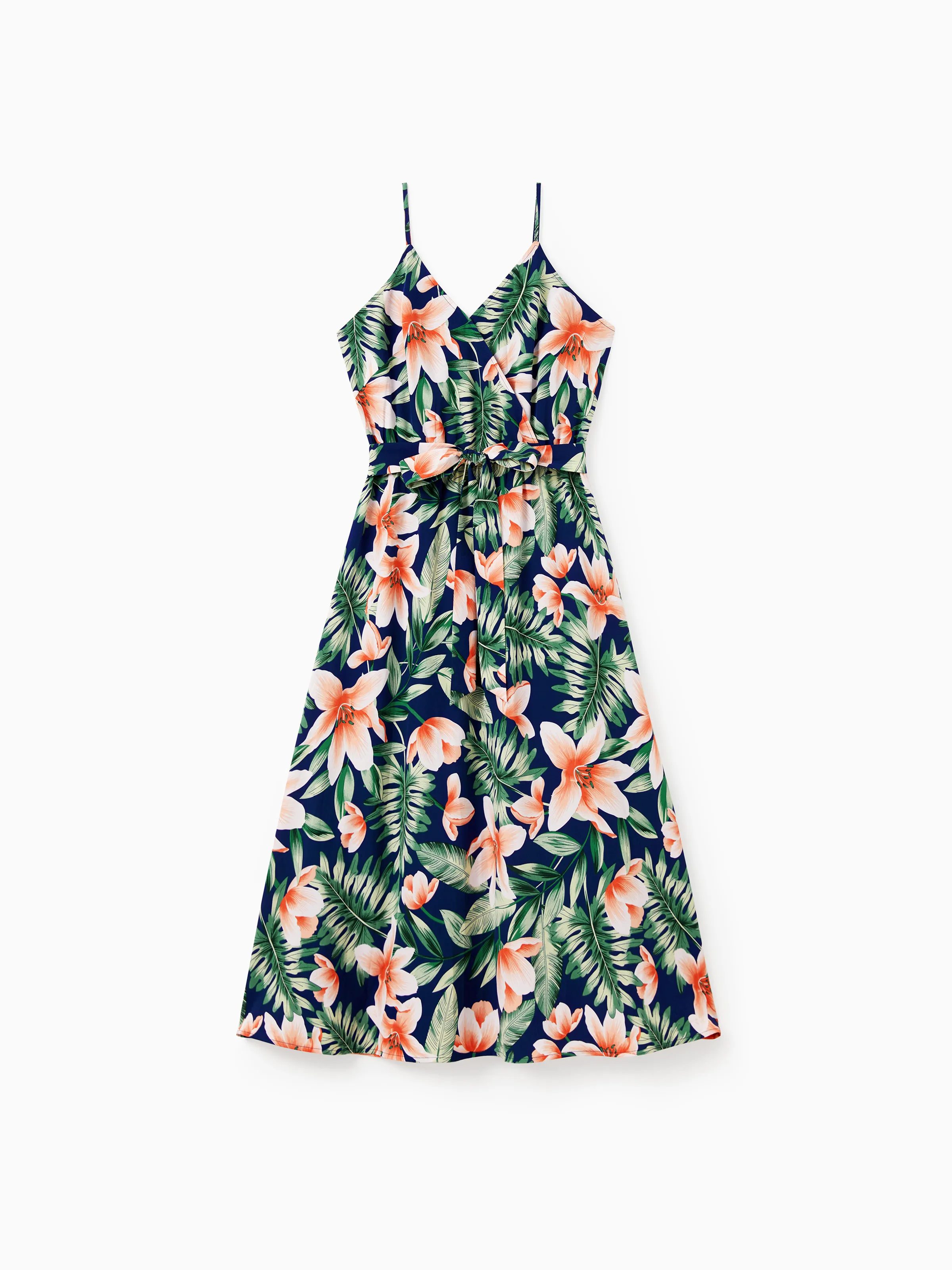Mommy and Me Family Matching Sets Floral Panel Short-sleeve T-shirts or All Over Floral Print V Neck Spaghetti Strap Midi Dresses with Hidden Snap royalblue - Image 5