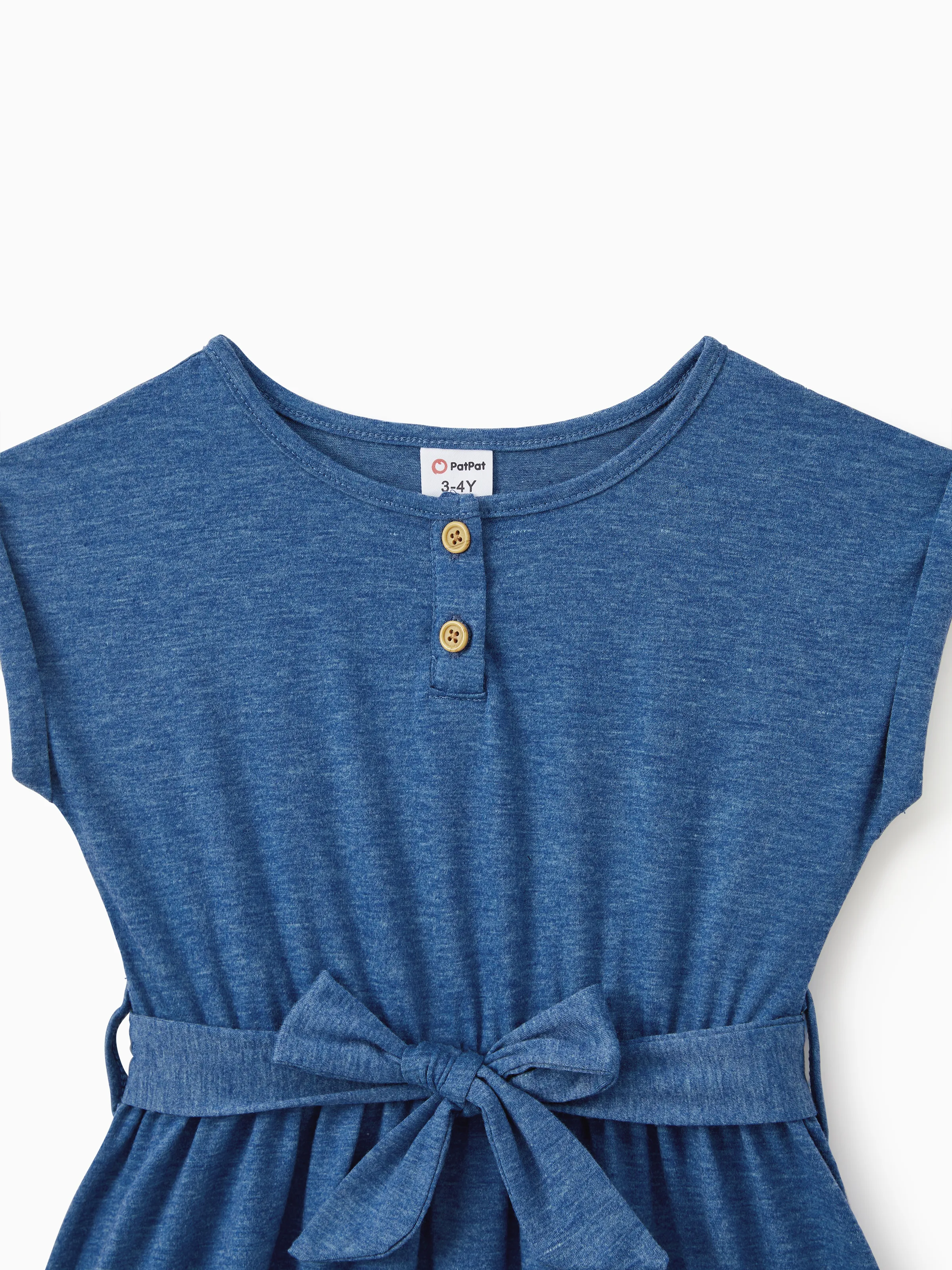 Mommy and Me Family Matching Soft Casual Outfit with Below Knee Dresses, Front Buttons, Belted Design Blue - Image 11
