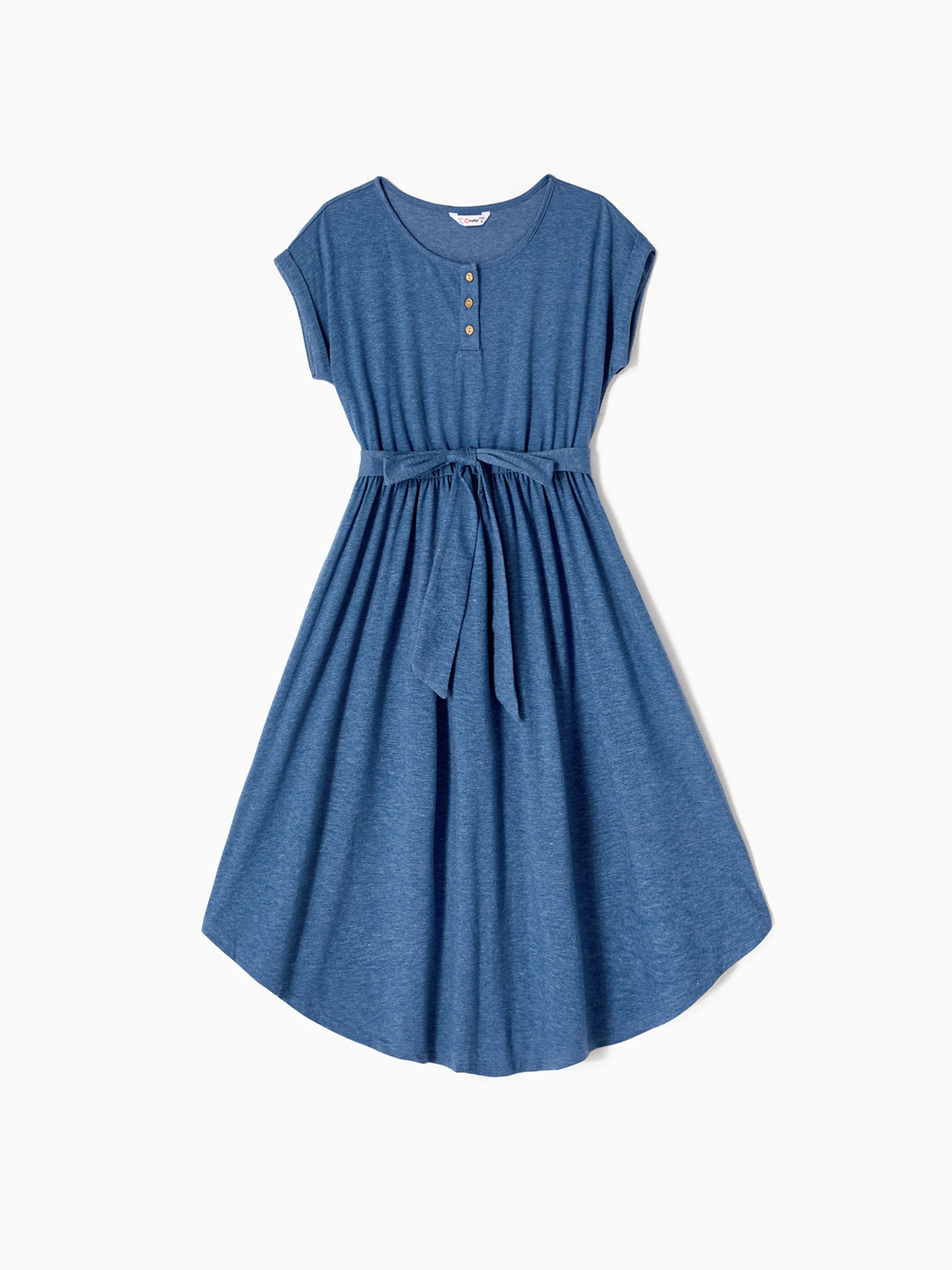 Mommy and Me Family Matching Soft Casual Outfit with Below Knee Dresses, Front Buttons, Belted Design Blue - Image 4