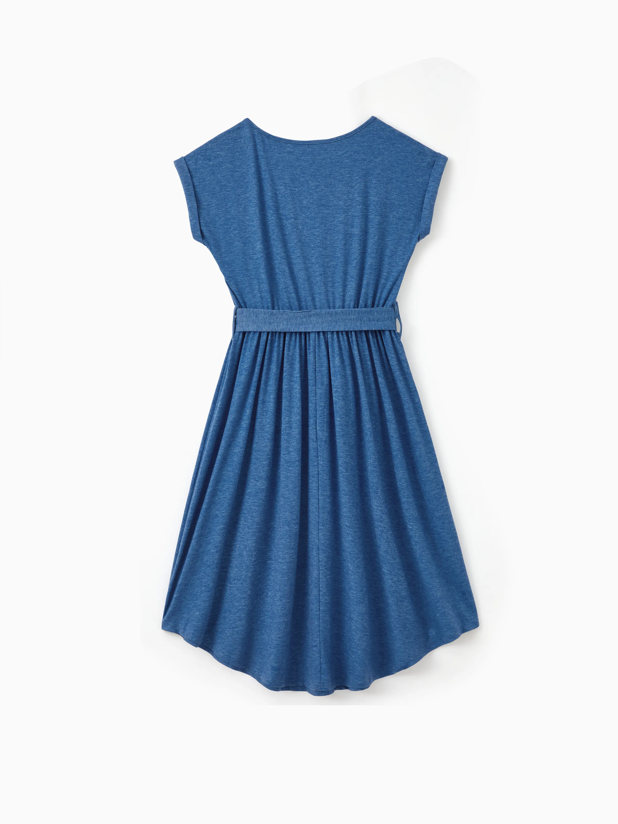Mommy and Me Family Matching Soft Casual Outfit with Below Knee Dresses, Front Buttons, Belted Design Blue - Image 5