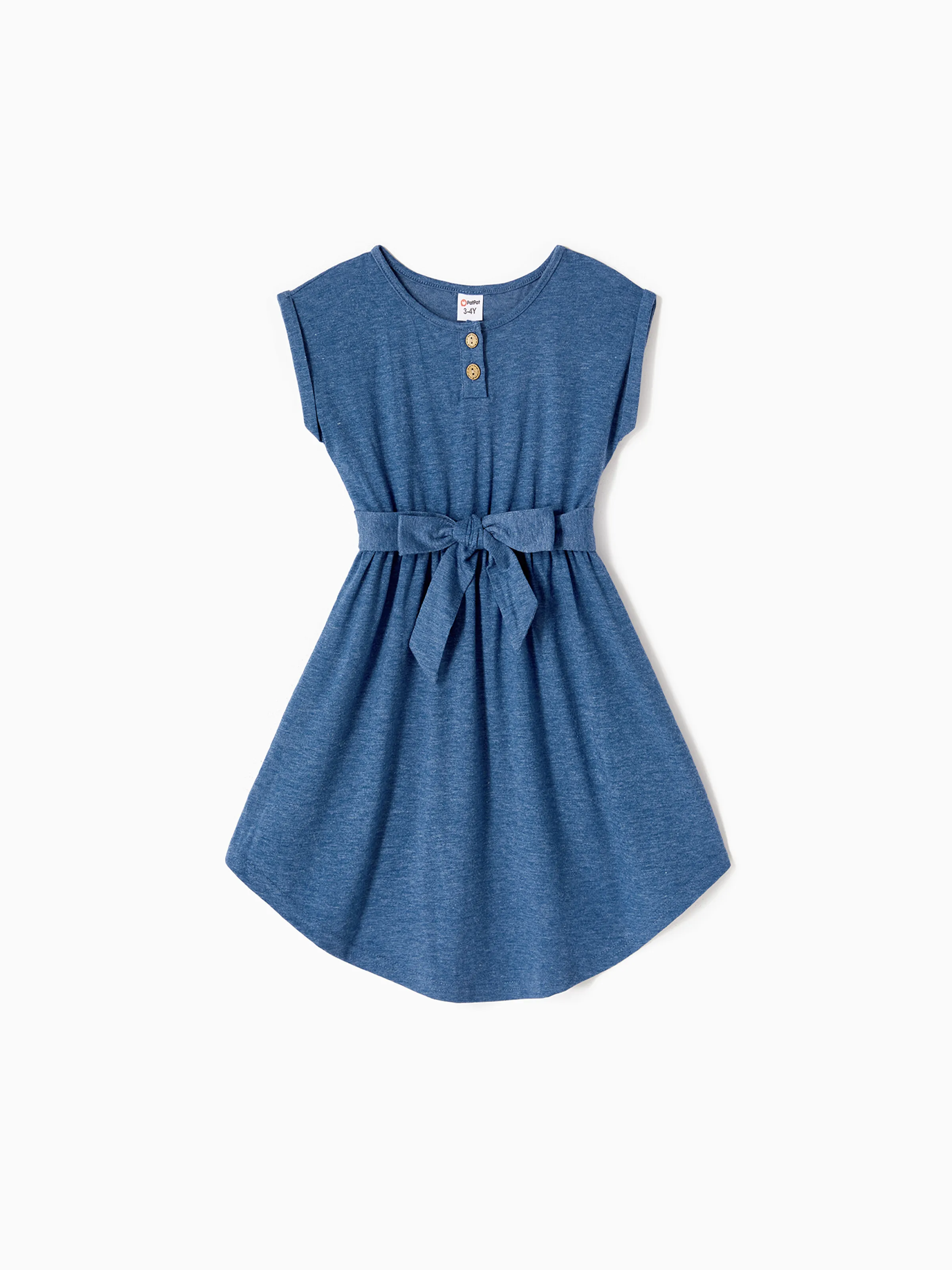 Mommy and Me Family Matching Soft Casual Outfit with Below Knee Dresses, Front Buttons, Belted Design Blue - Image 9