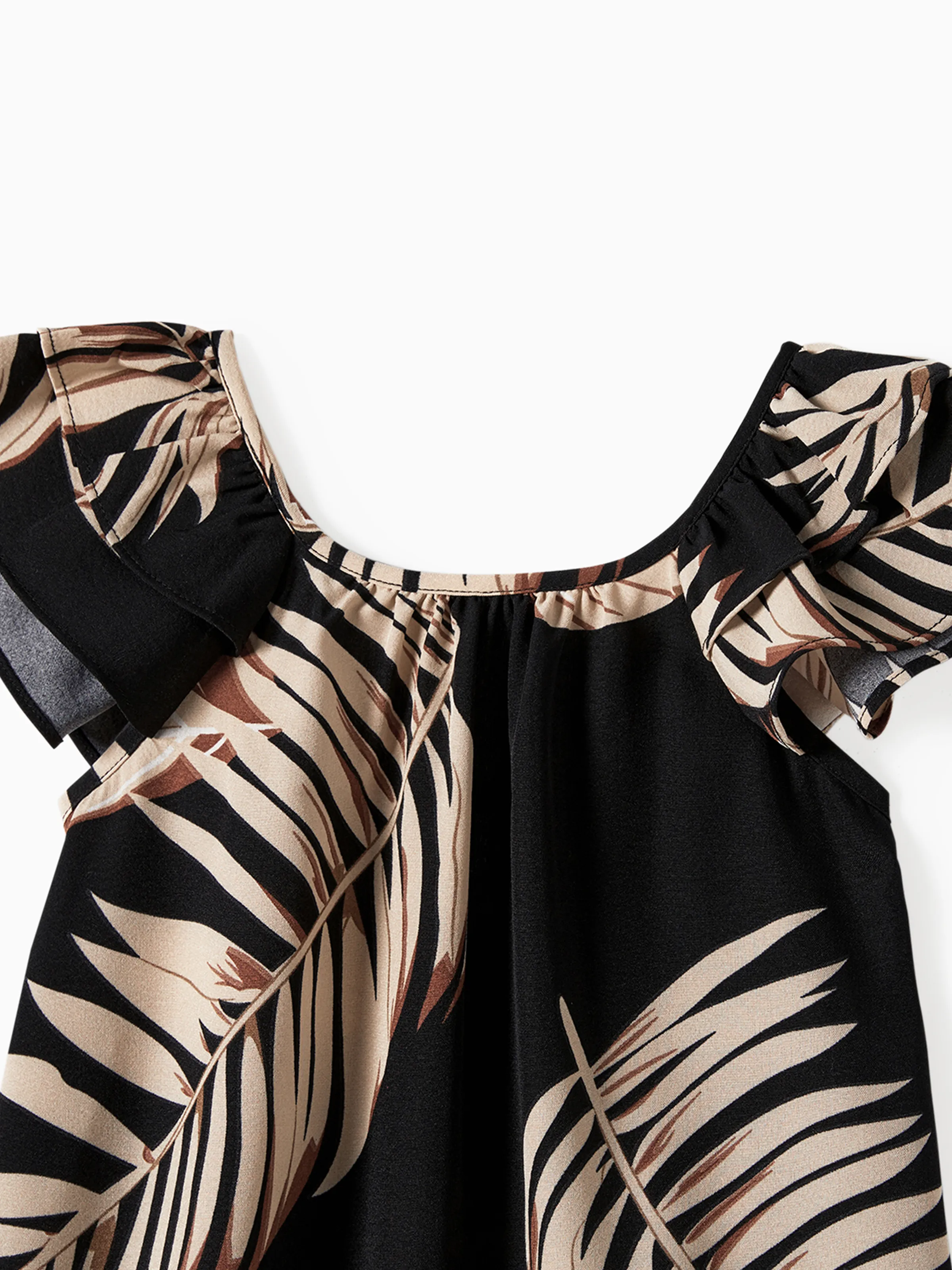Mommy and Me Family Matching Solid Leaf Sleeveless Halter Dresses And Short Sleeve Tops Sets Black - Image 15