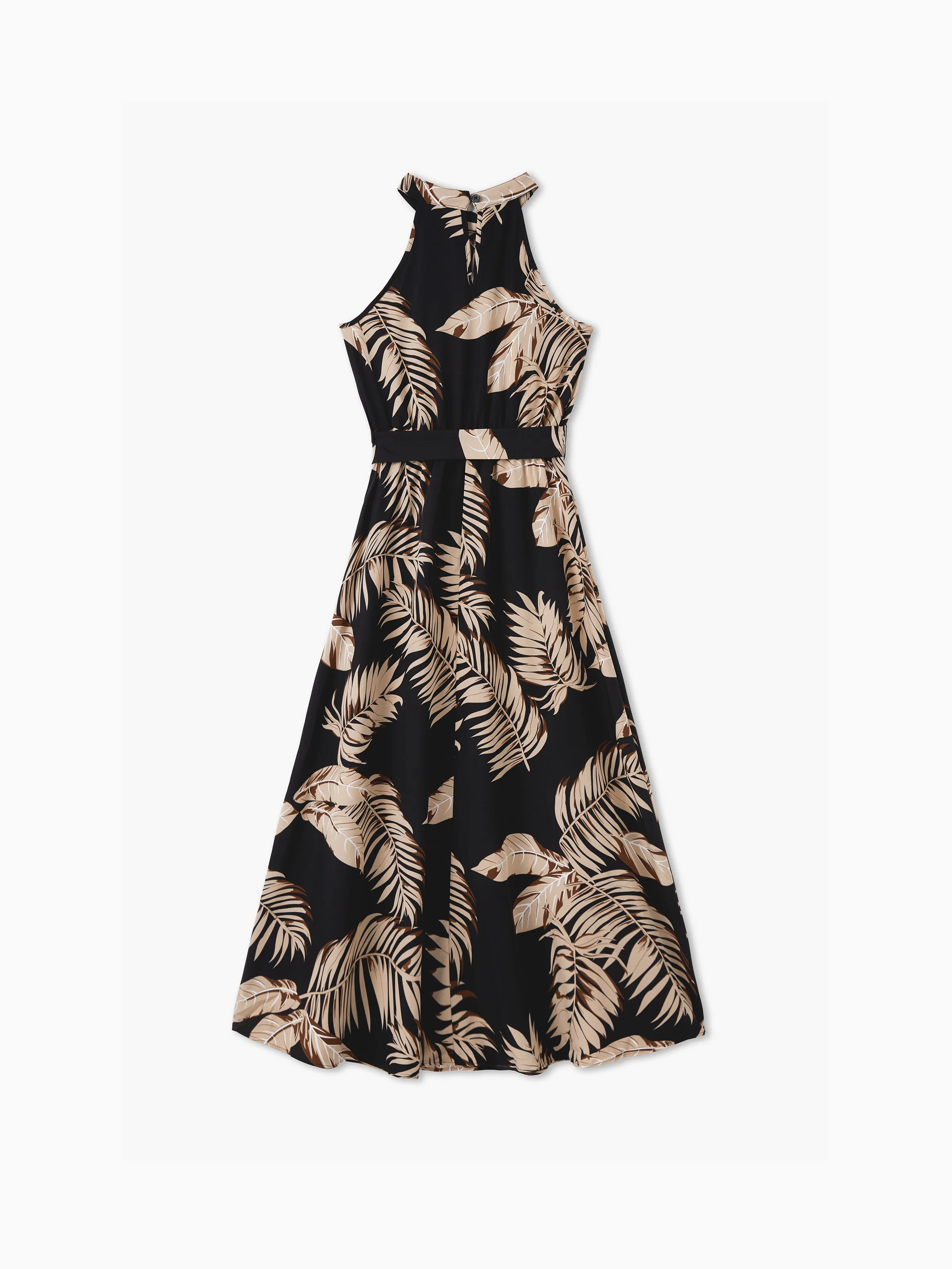 Mommy and Me Family Matching Solid Leaf Sleeveless Halter Dresses And Short Sleeve Tops Sets Black - Image 4