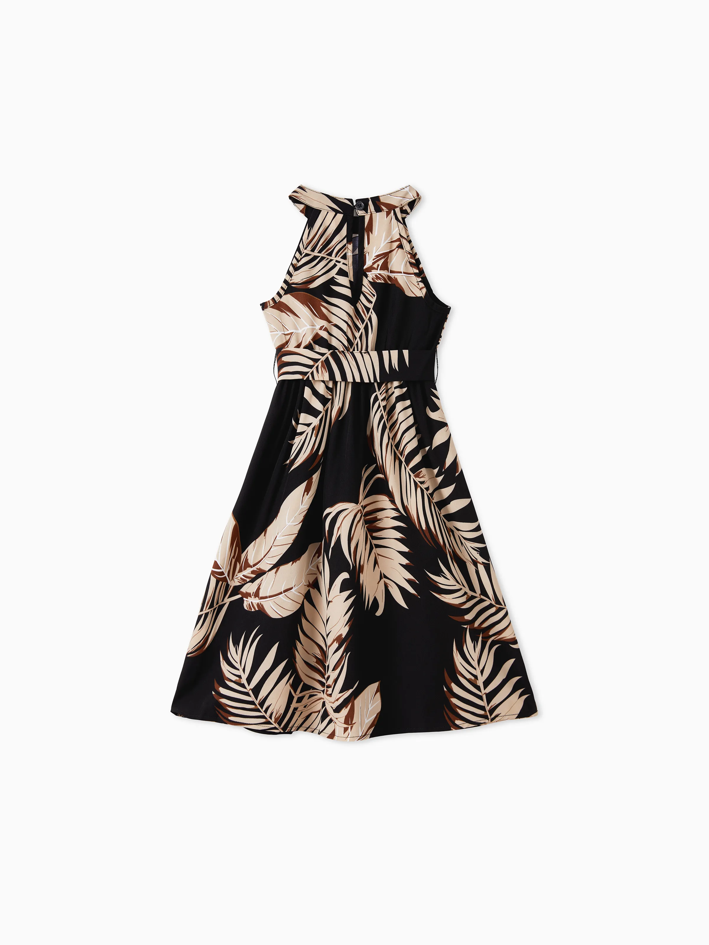 Mommy and Me Family Matching Solid Leaf Sleeveless Halter Dresses And Short Sleeve Tops Sets Black - Image 9