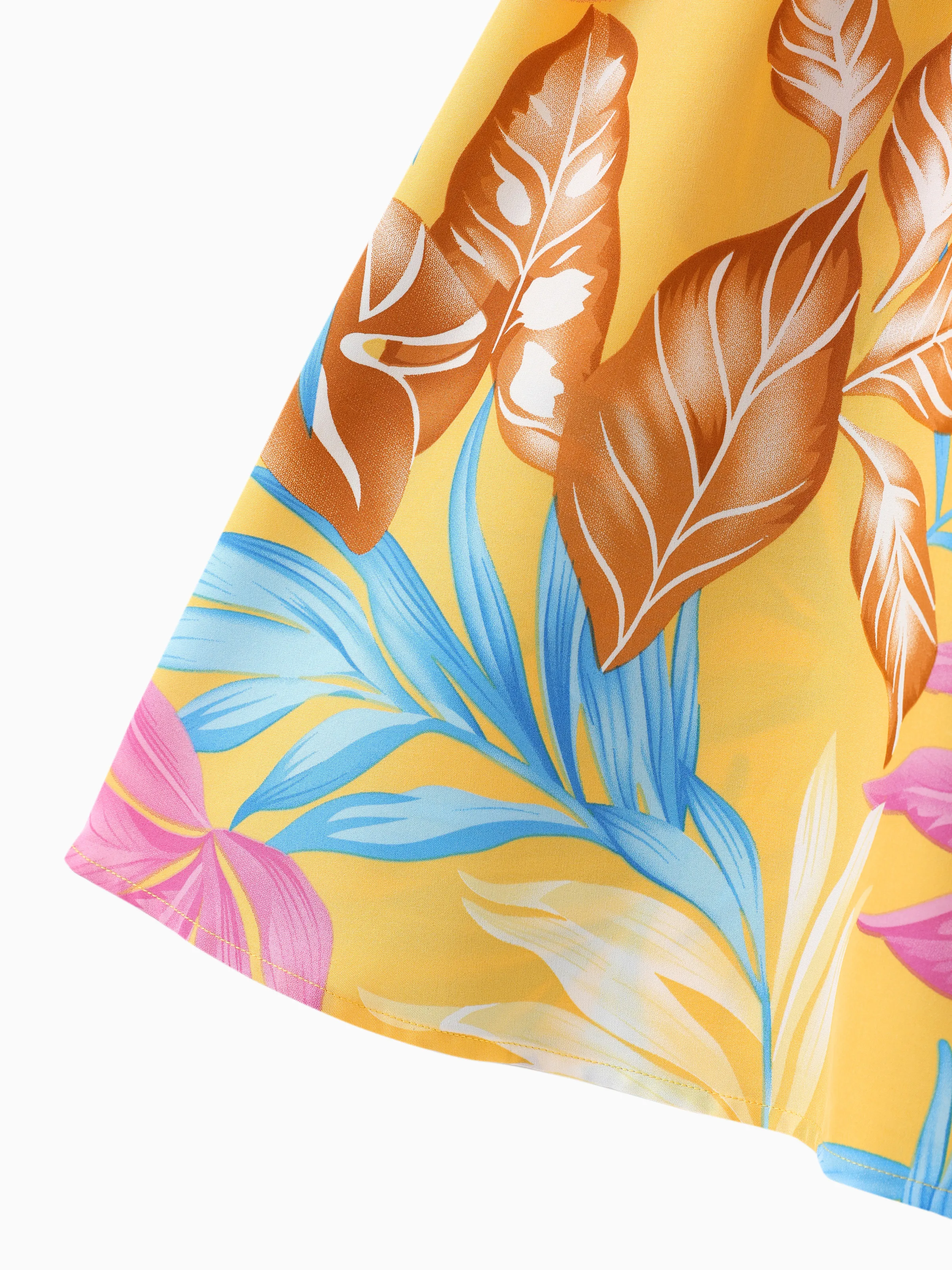 Mommy and Me Family Matching Yellow Set Tropical Leaf Print Short-sleeve Shirt or Strap Dress  Yellow - Image 12
