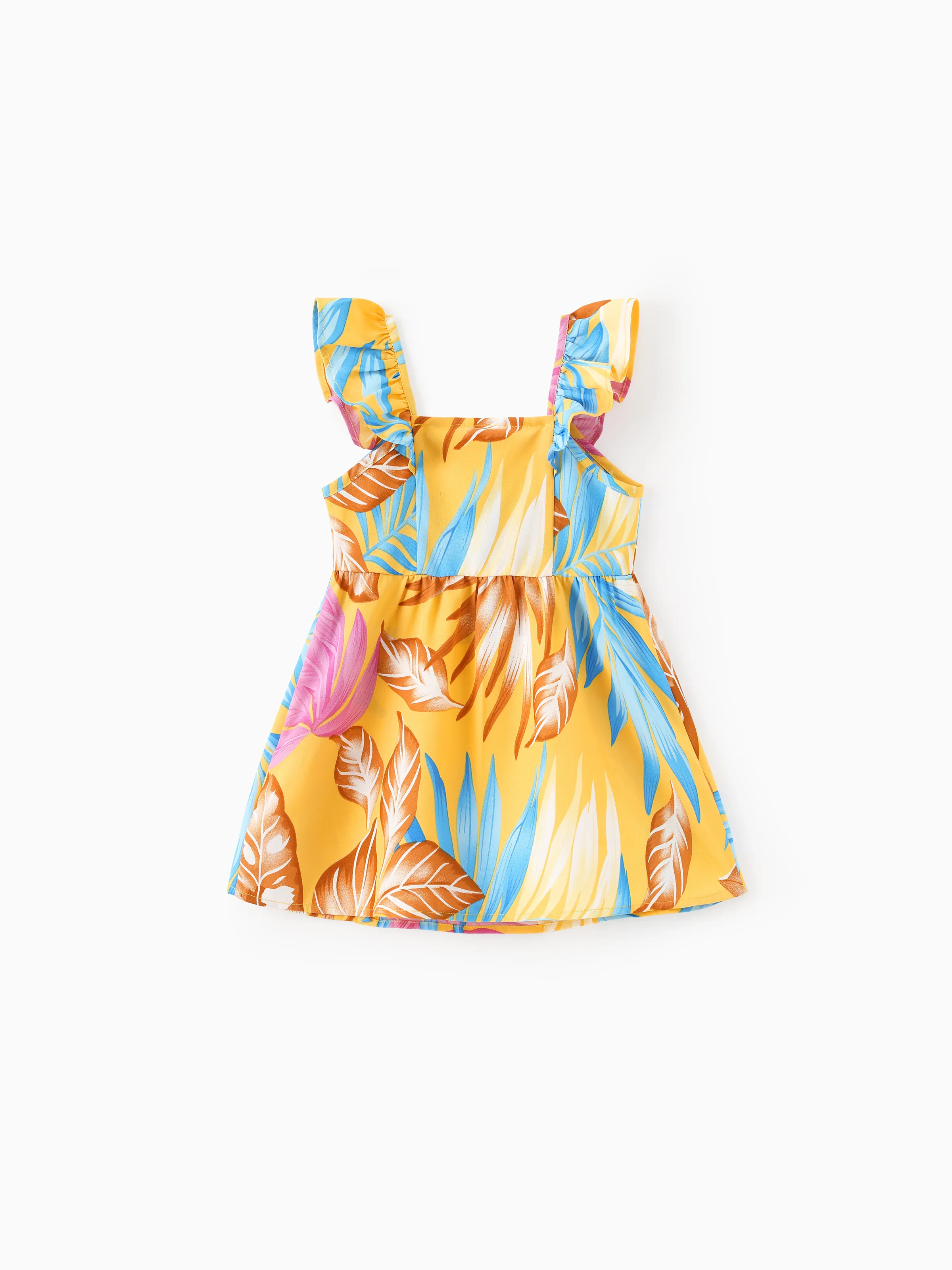Mommy and Me Family Matching Yellow Set Tropical Leaf Print Short-sleeve Shirt or Strap Dress  Yellow - Image 14