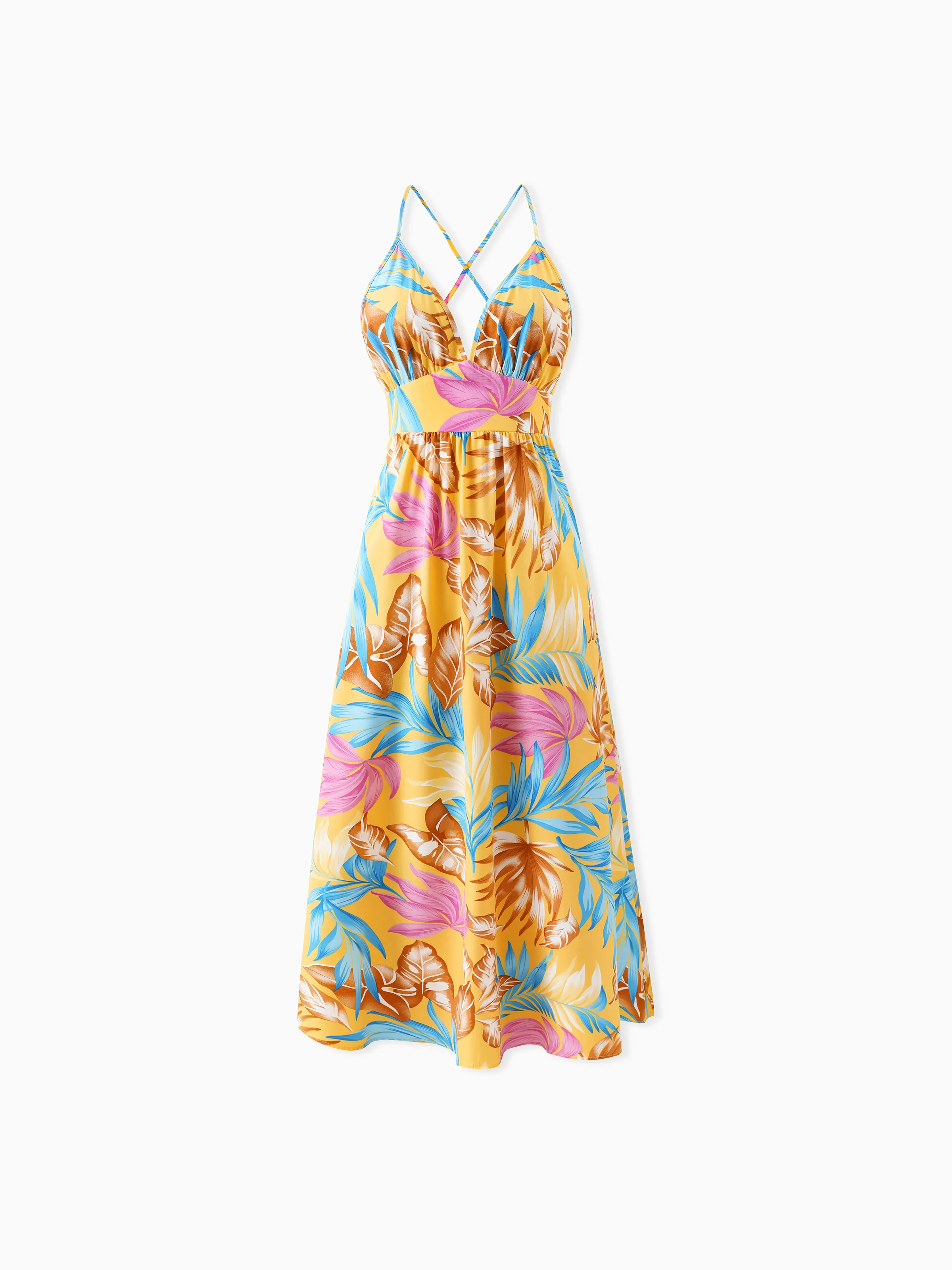 Mommy and Me Family Matching Yellow Set Tropical Leaf Print Short-sleeve Shirt or Strap Dress  Yellow - Image 3