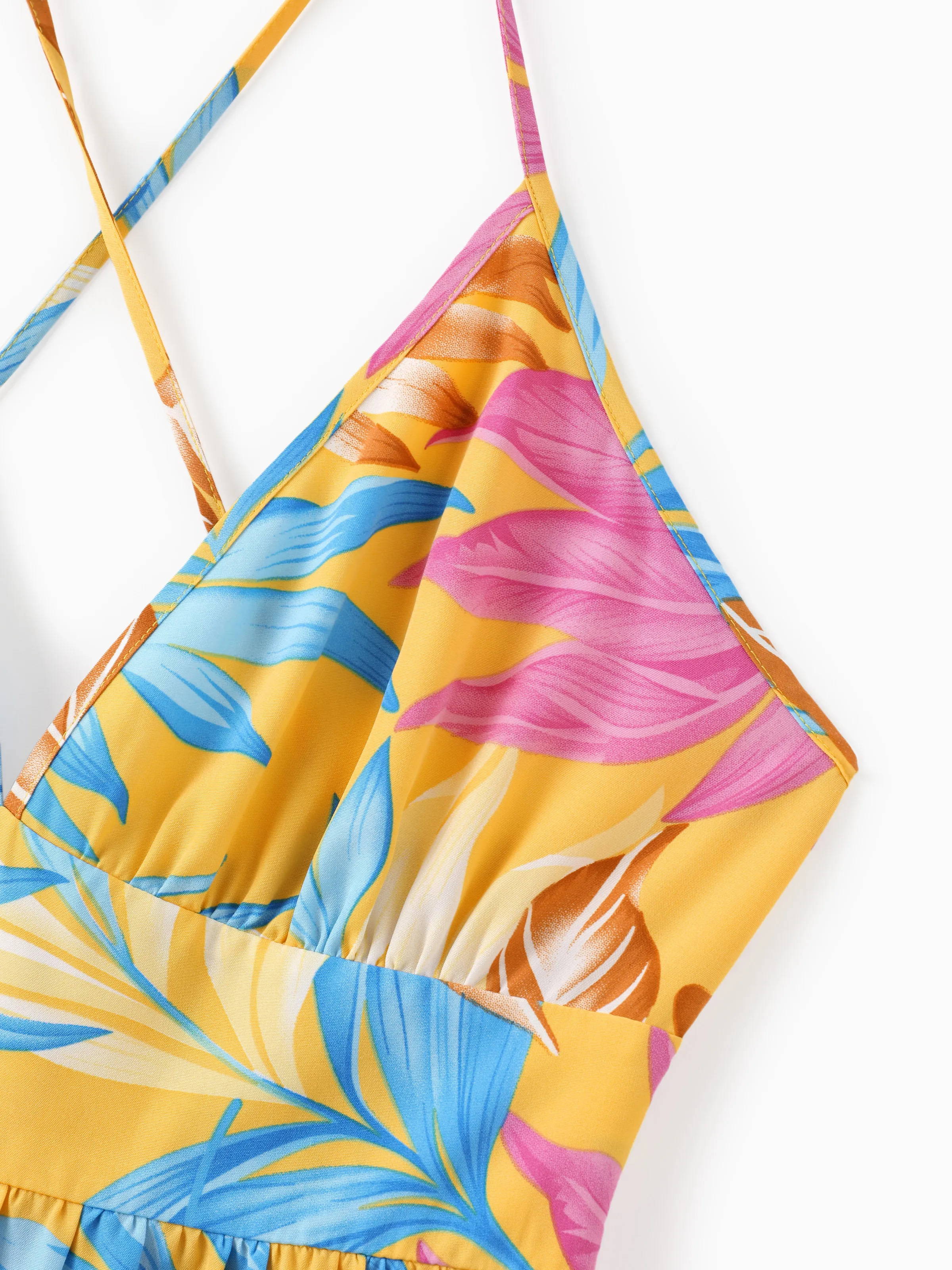 Mommy and Me Family Matching Yellow Set Tropical Leaf Print Short-sleeve Shirt or Strap Dress  Yellow - Image 5