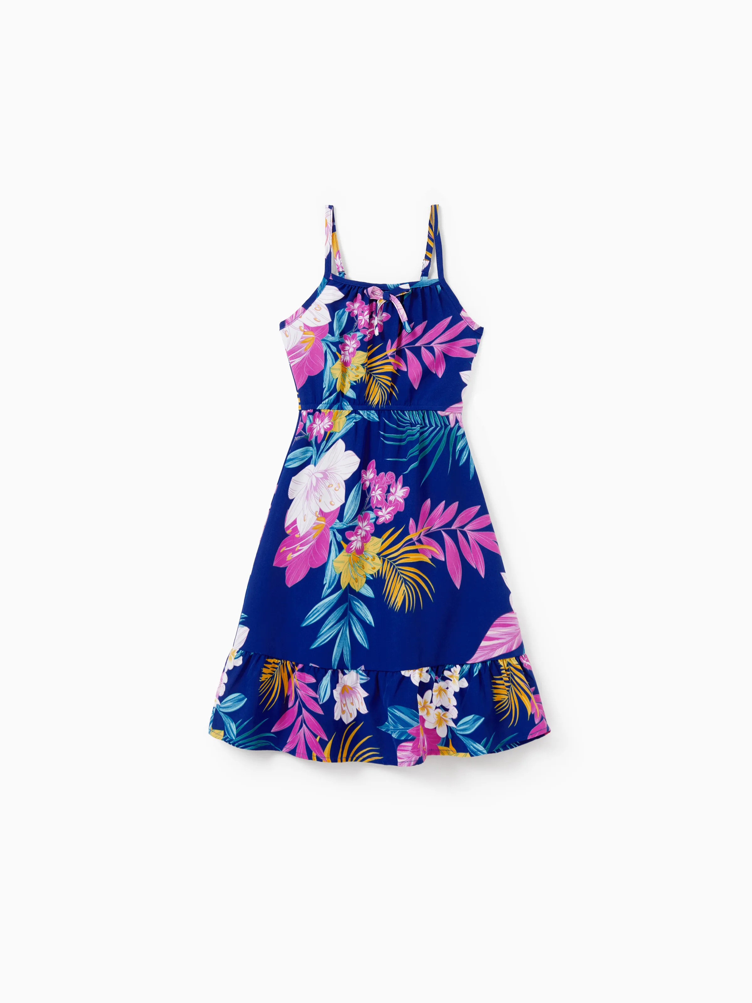 Mommy and Me Matching Family Hawaiian Outfits Tropical Floral Print Strap Dress or Short-sleeve Shirts & Shorts Set Summer Beachwear Set for Vacation  Deep Blue - Image 13