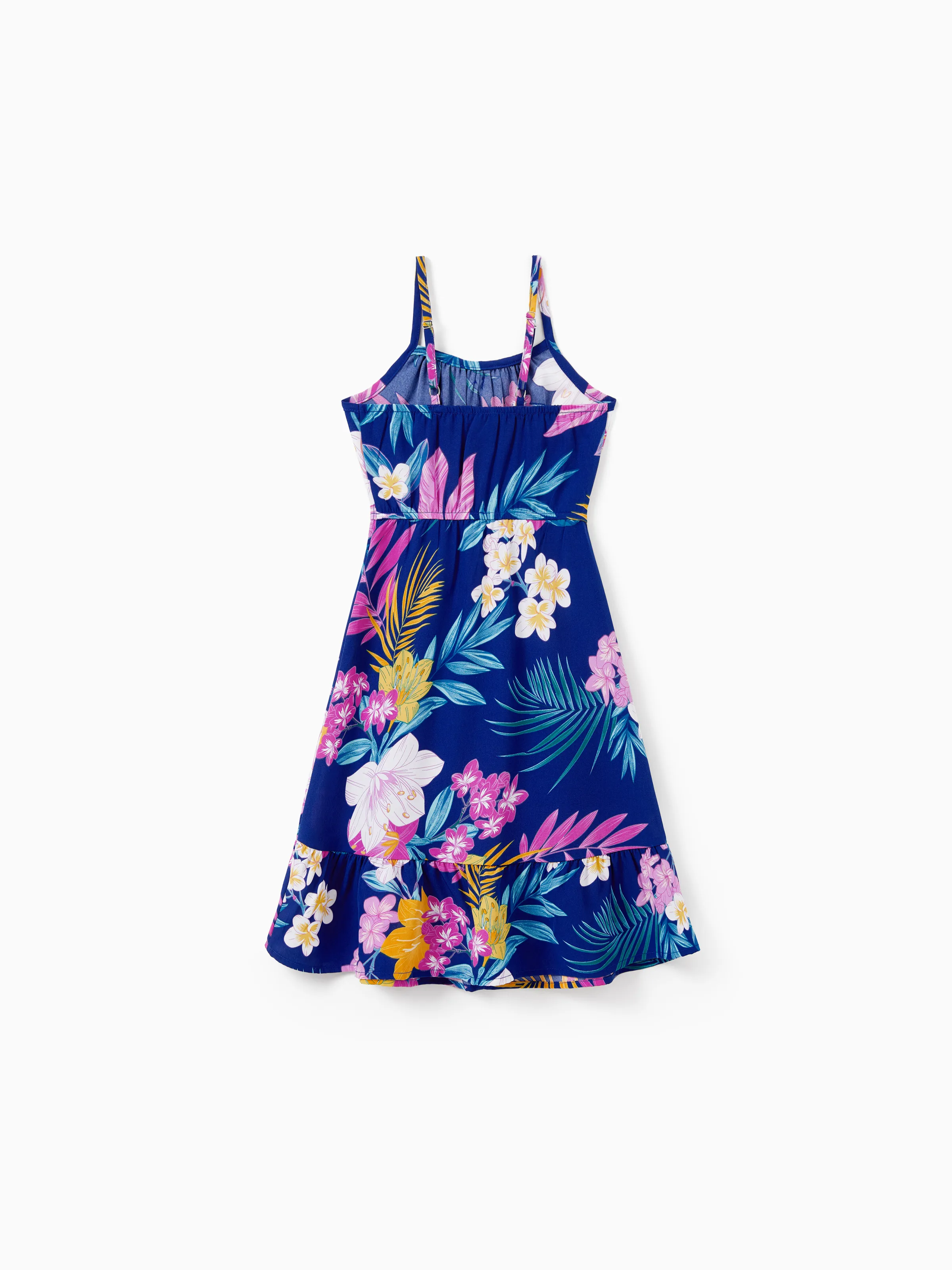 Mommy and Me Matching Family Hawaiian Outfits Tropical Floral Print Strap Dress or Short-sleeve Shirts & Shorts Set Summer Beachwear Set for Vacation  Deep Blue - Image 14