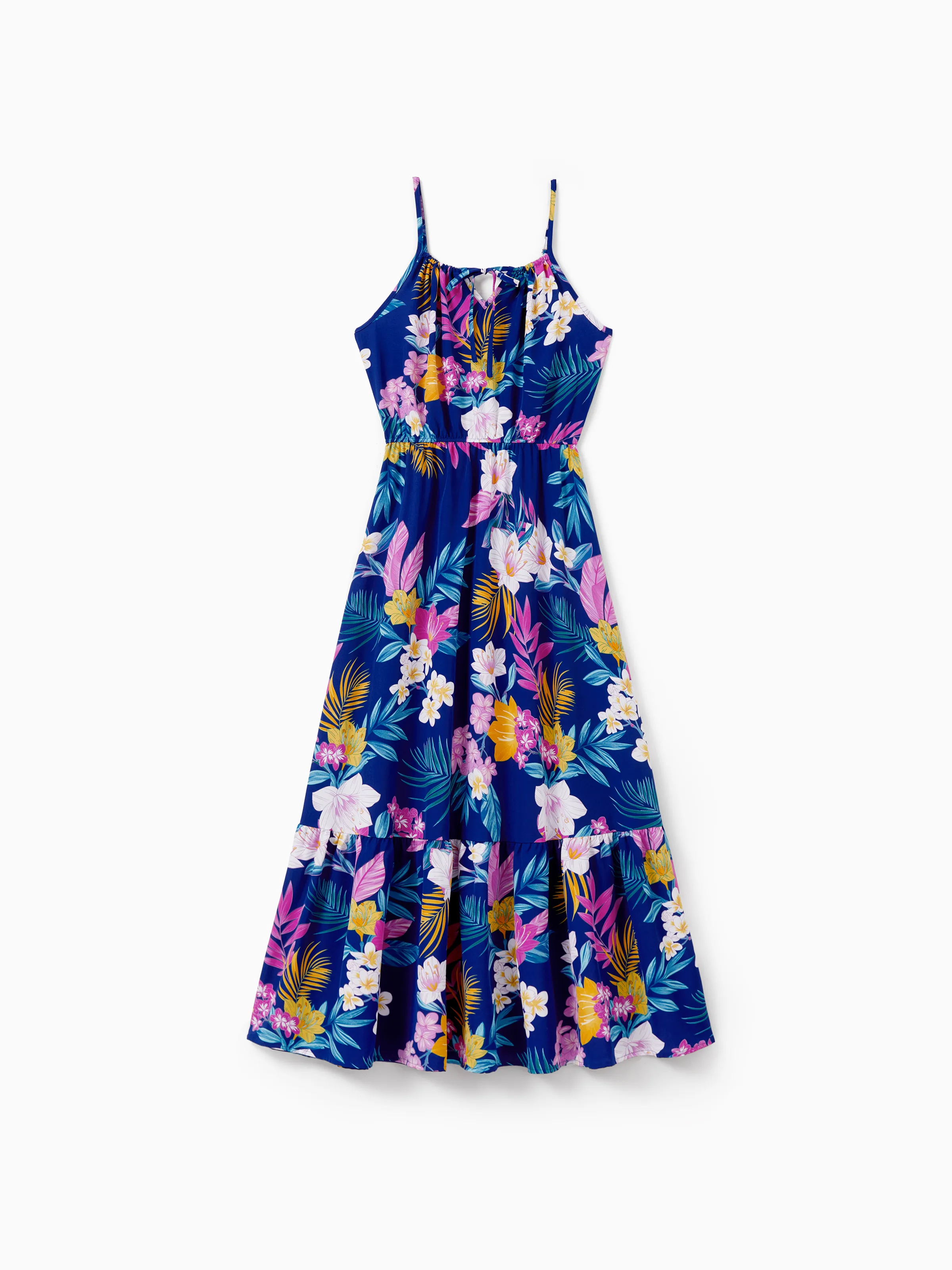 Mommy and Me Matching Family Hawaiian Outfits Tropical Floral Print Strap Dress or Short-sleeve Shirts & Shorts Set Summer Beachwear Set for Vacation  Deep Blue - Image 6