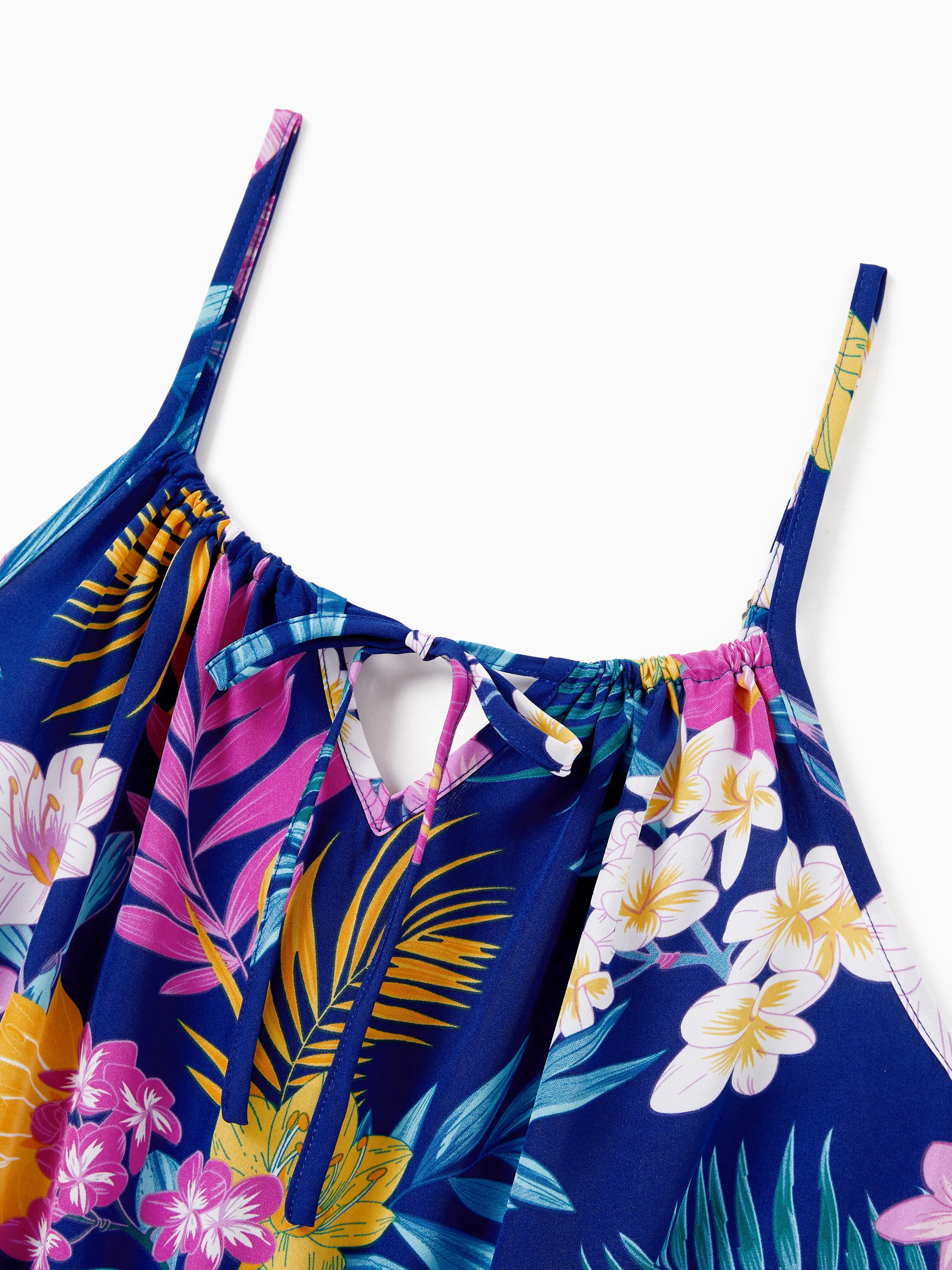 Mommy and Me Matching Family Hawaiian Outfits Tropical Floral Print Strap Dress or Short-sleeve Shirts & Shorts Set Summer Beachwear Set for Vacation  Deep Blue - Image 8