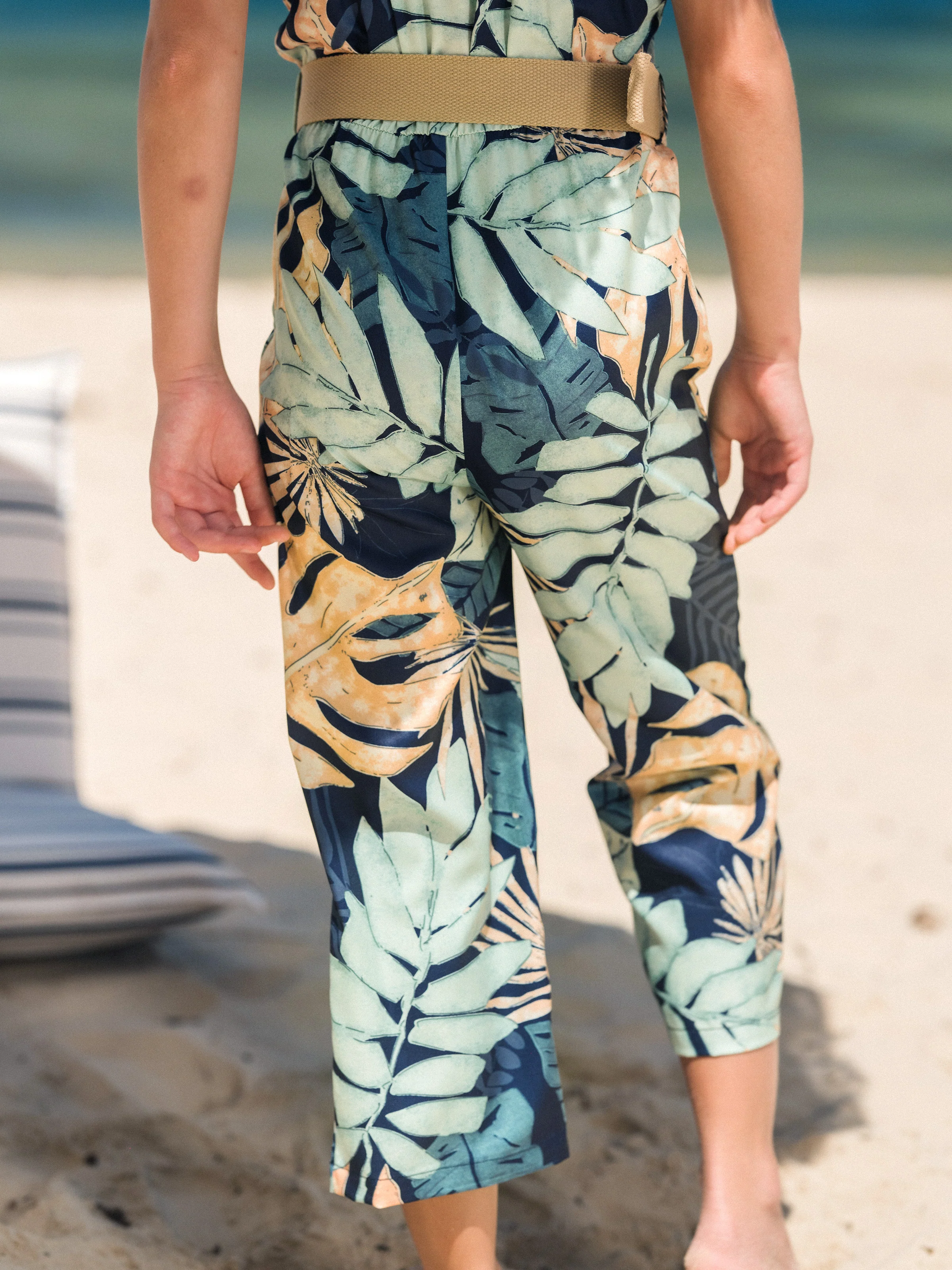 Mommy and Me Tropical Leaf Print Jumpsuit Set, Spaghetti Strap Belted Matching Outfits for Summer Beach Vacation Tibetan blue - Image 11
