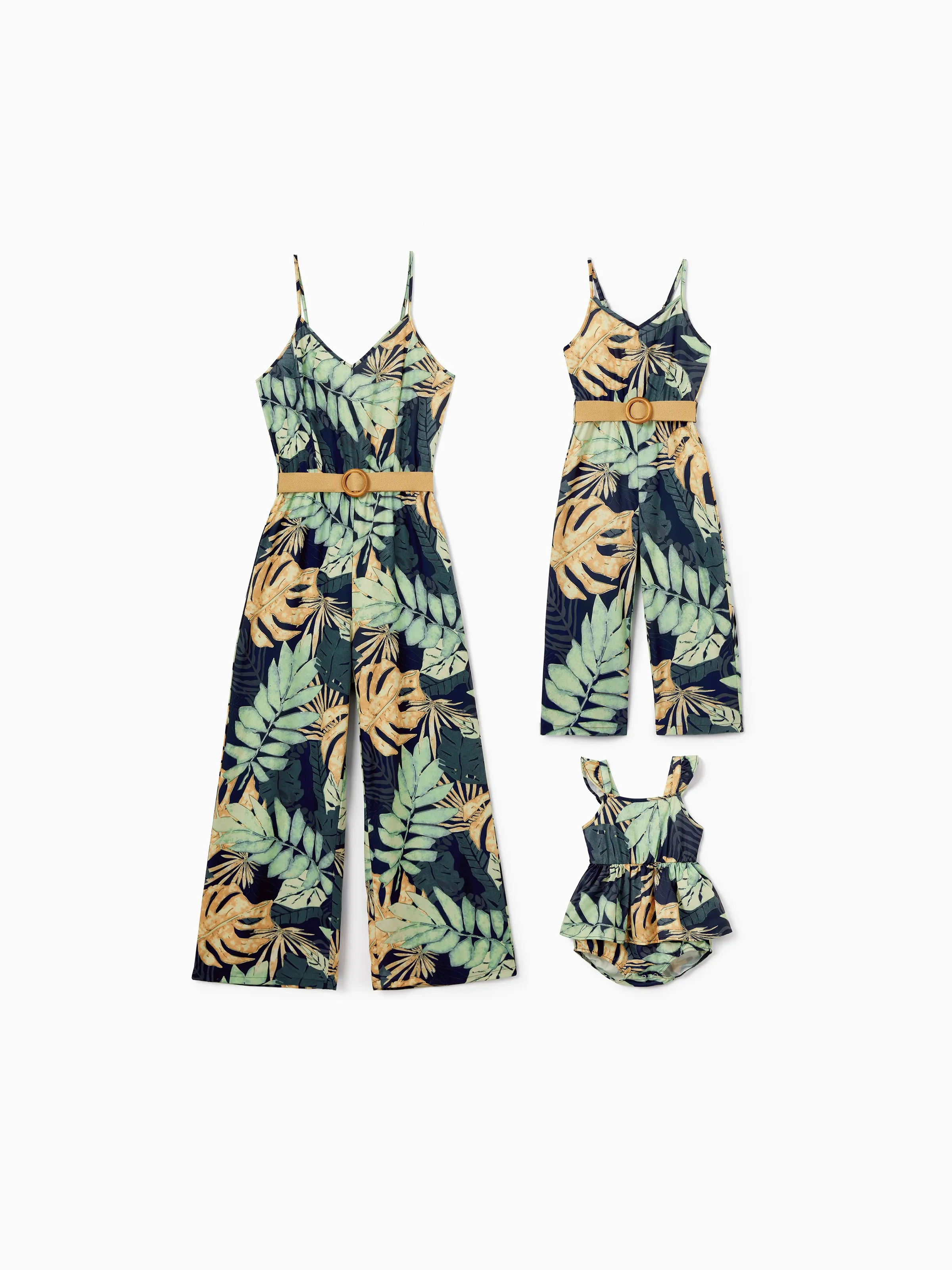 Mommy and Me Tropical Leaf Print Jumpsuit Set, Spaghetti Strap Belted Matching Outfits for Summer Beach Vacation Tibetan blue - Image 2