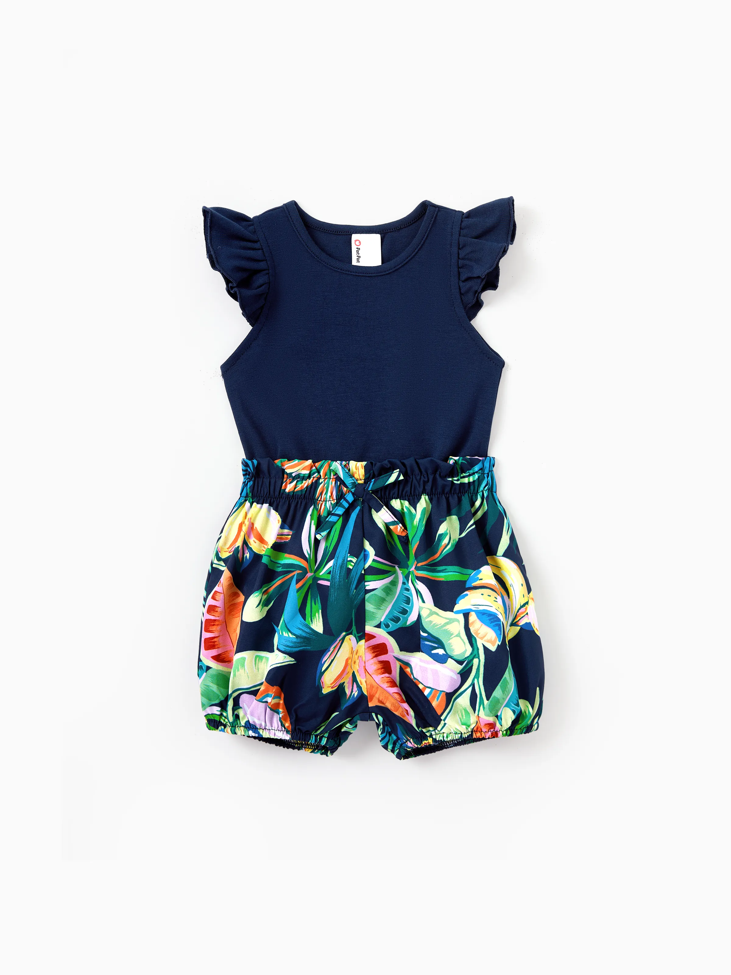 Mommy and Me Tropical Leaves Print Sleeveless Rompers with Belted Shorts Matching Set Deep Blue - Image 12